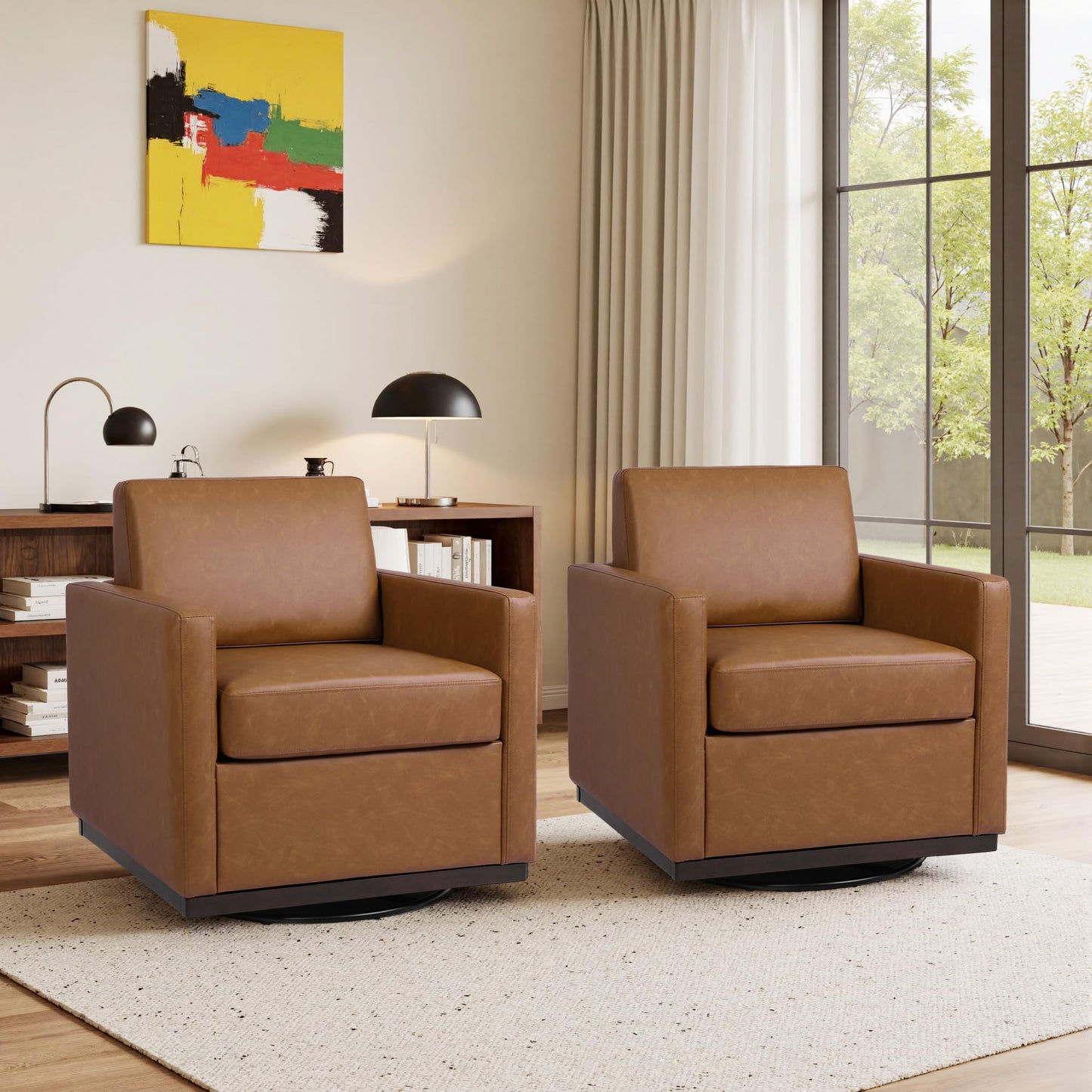 Faux Leather Swivel Accent Chairs Set of 2, 360° Swivel Upholstered Club Armchairs for Living Room, 31" Wide Square Single Sofa Reading Chair with Deep Seat, Metal Swivel Base, Navy