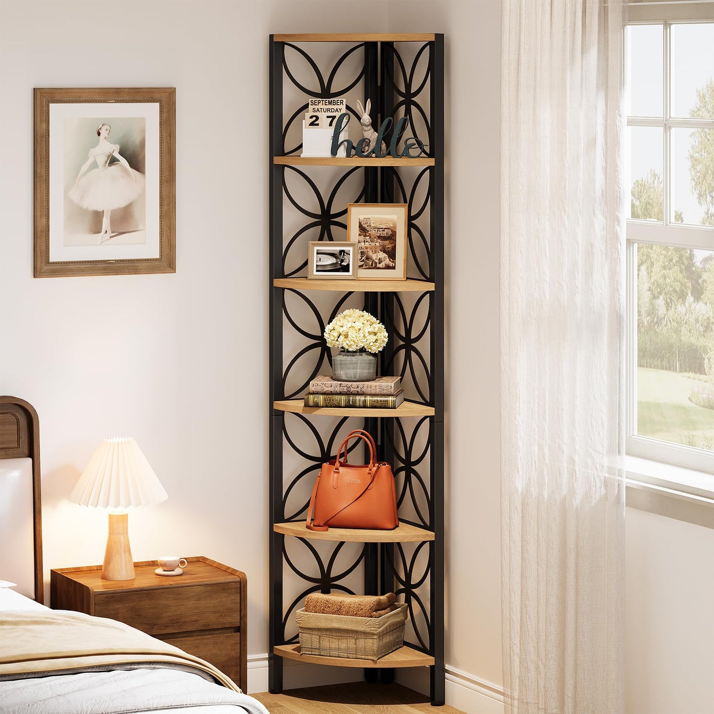 Tribesigns 6-Tier Corner Shelf, Industrial 70.9" Rustic Corner Bookshelf Display Shelf for Living Room, Wooden Shelving Unit Plant Stand Storage Rack for Bedroom, Bathroom, Kitchen,Natural