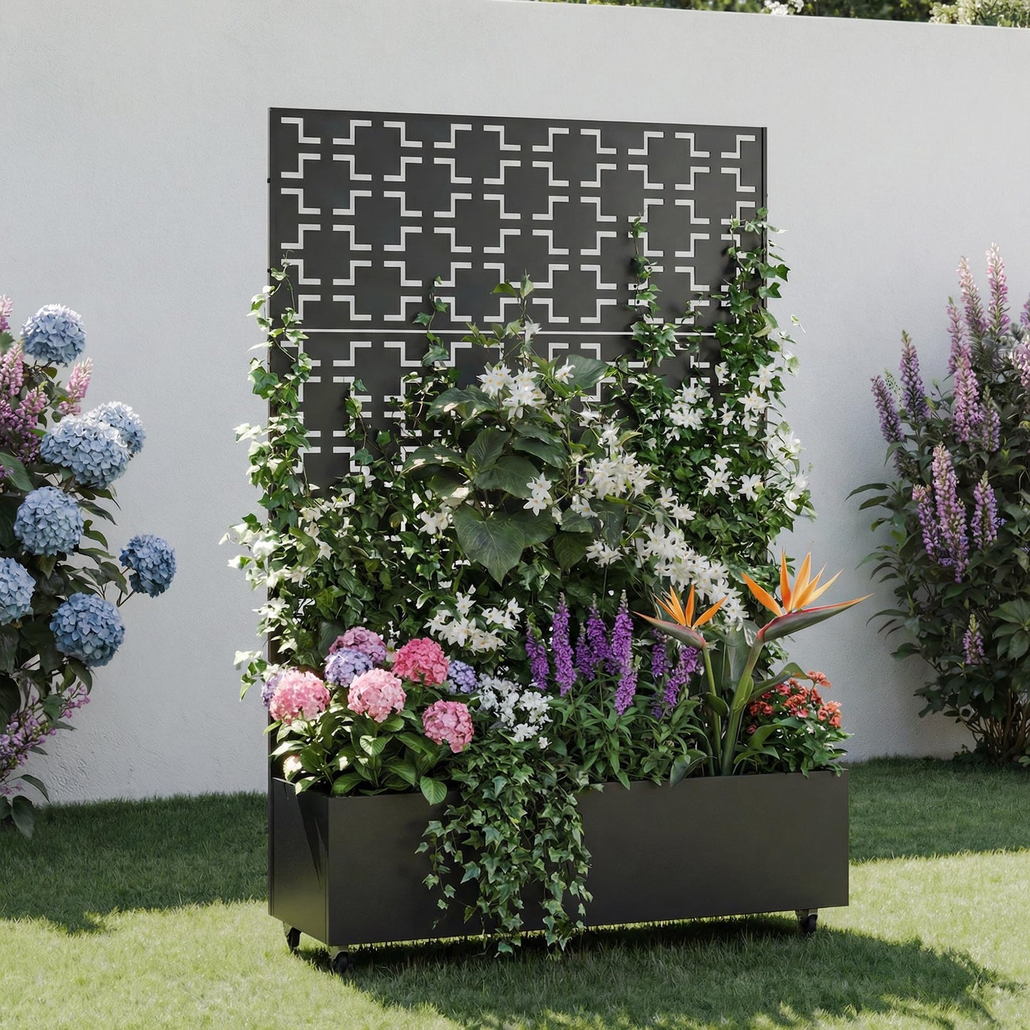Metal Raised Garden Bed with Trellis and Wheels, 71"x47"x16" Planter Box with Privacy Screen & Drainage Holes, Arched Outdoor Garden Bed for Climbing Plants, Vegetables, Flowers (Black-Square)