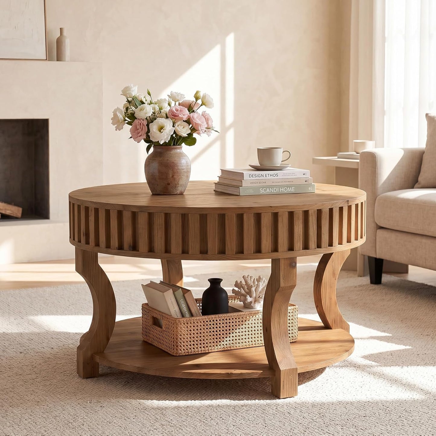 31.5 Inch Round Coffee Table, Farmhouse 2-Tier Center Table with Storage, Fluted Solid Wood Cocktail Table for Living Room (Brown)