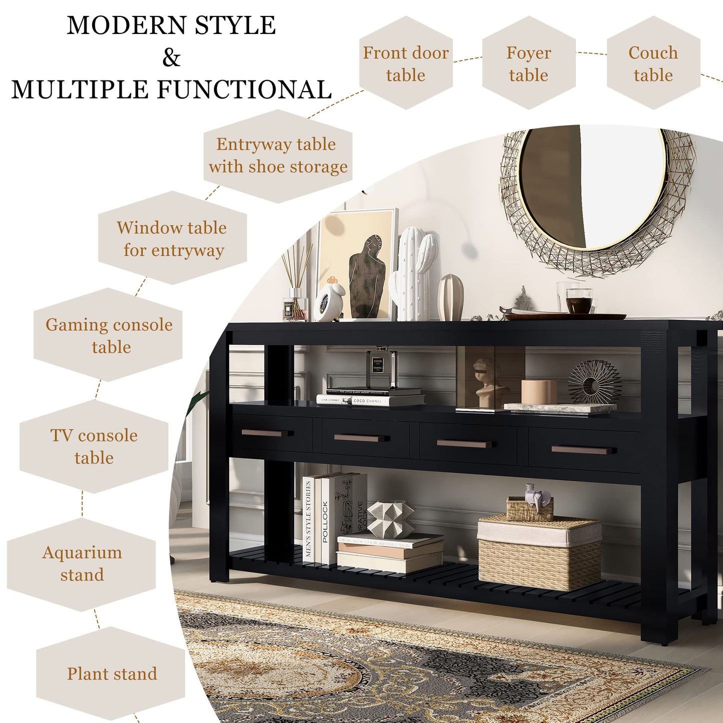 LKTART 63" Solid Wood Console Table Sofa Table with Storage Drawers and Bottom Shelf,Farmhouse Entryway Table for Hallway Foyer,Living Room,Easy Assembled (63" Espresso)