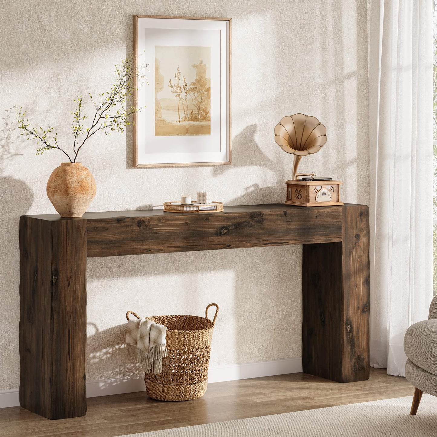 Solid Wood Console Table, 63-Inch Farmhouse Sofa Table Behind Couch for Entryway, Living Room, Foyer, Easy Assembly (Light Wood)