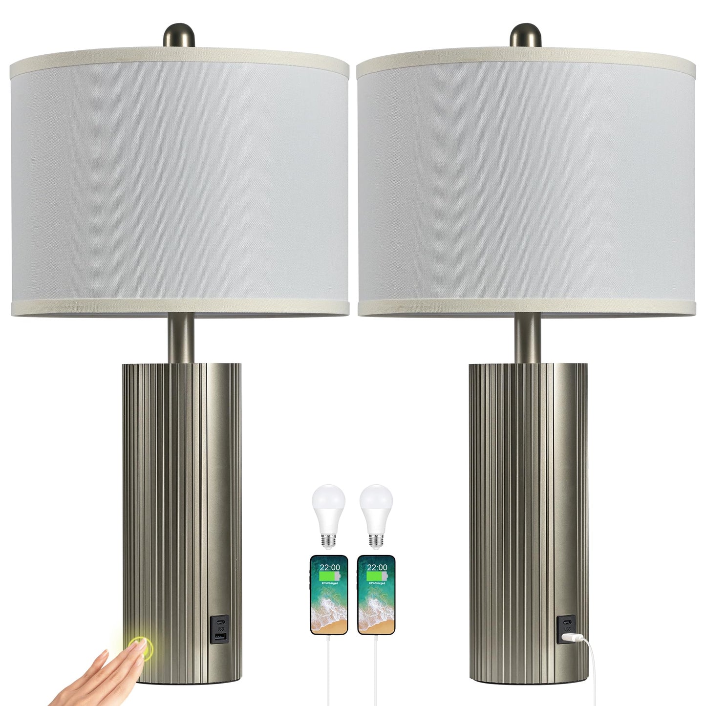 24.5" Black Lamps Set of 2, Modern Table Lamps for Living Room with USB C+A Ports, Creative Stripe Touch Lamps for Nightstand, 2 Bulbs Included