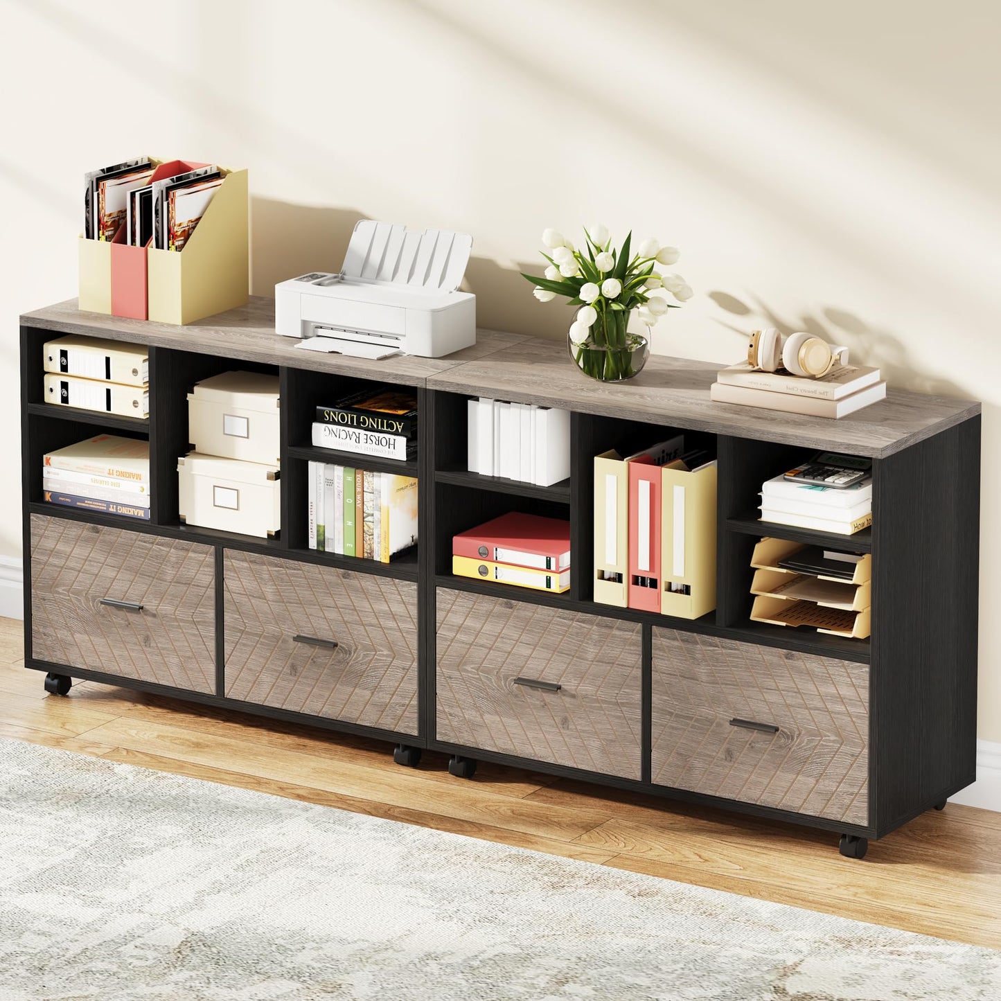 Tribesigns 2-Drawer Wood File Cabinet, Mobile Lateral Filing Cabinet for Hanging Letter Size Files, Printer Stand with Open Storage Shelves for Home Office (Oak Karo & White)