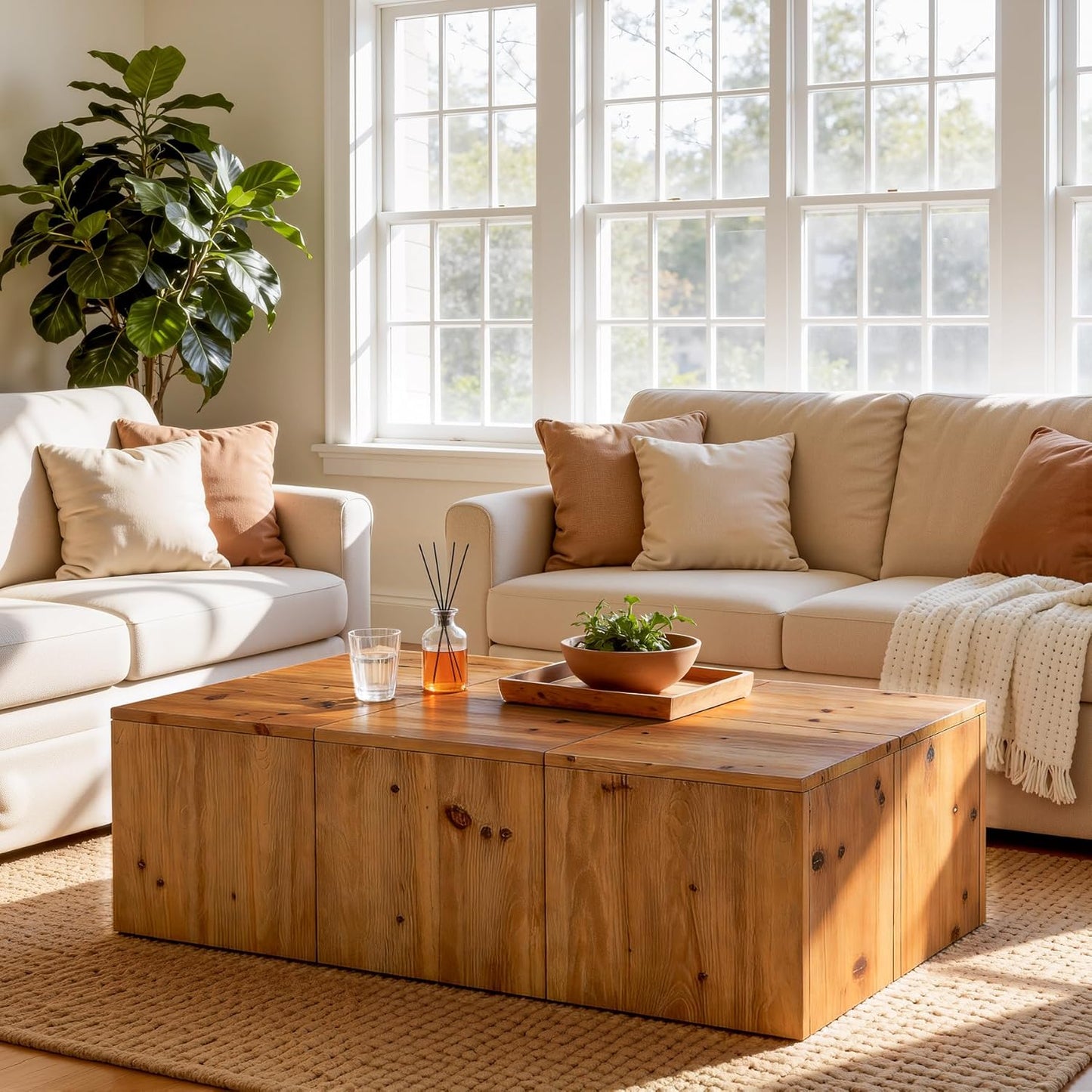 47-inch Rectangle Solid Wood Block Coffee Table, Farmhouse Center Table with Natural Wood Grain, Sturdy Wobble-Free Construction for Living Room, Retro Style