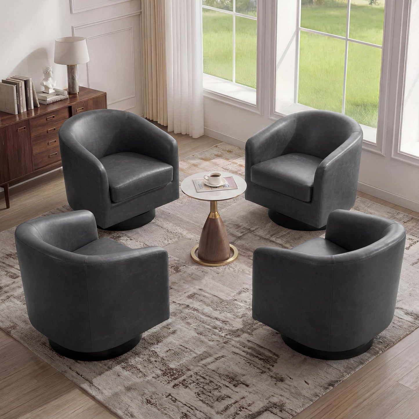 Swivel Barrel Chairs Set of 2, 31" W Modern Faux Leather Round Swivel Accent Chair for Living Room, 360° Rotation Upholstered Armchair Club Chair for Bedroom, Reading Room, Office (Brown)