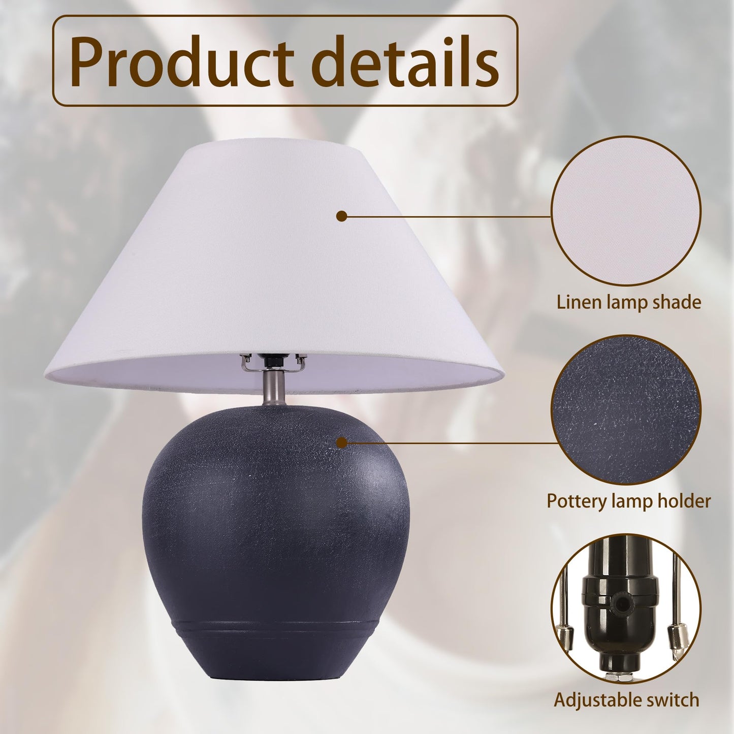 Farmhouse Ceramic Table Lamp, 21" Rustic Table Lamp with Linen Shade, 3-Way Dimmable Bedside Nightstand Lamps for Bedroom, Living Room, E26 Socket, Dark Grey