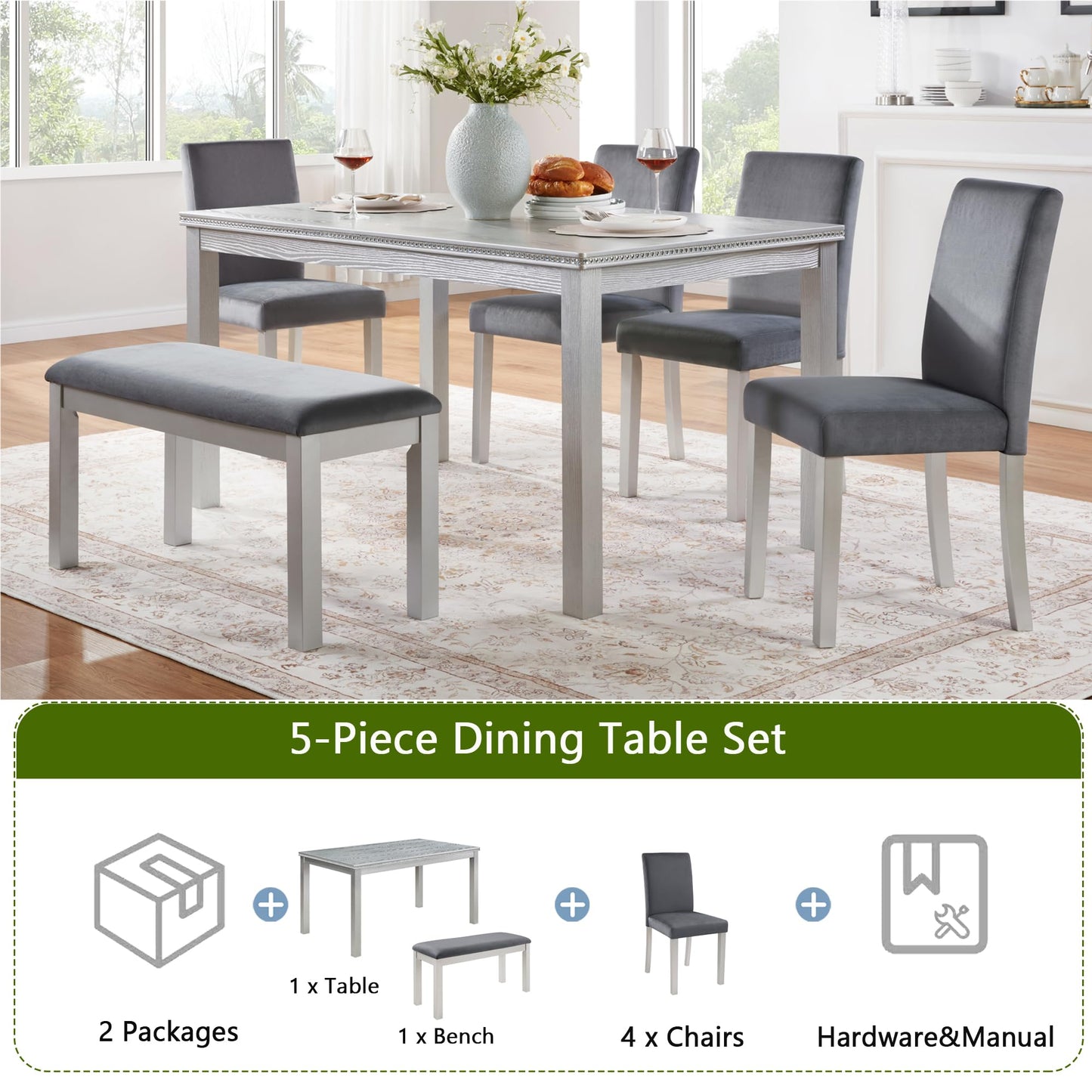 LKTART 6 Piece Kitchen Dining Set, 58.5" Rectangular Wooden Dinner Table with 4 Upholstered Chairs and a Bench for Living Room, Home Bar and Kitchen, Walnut