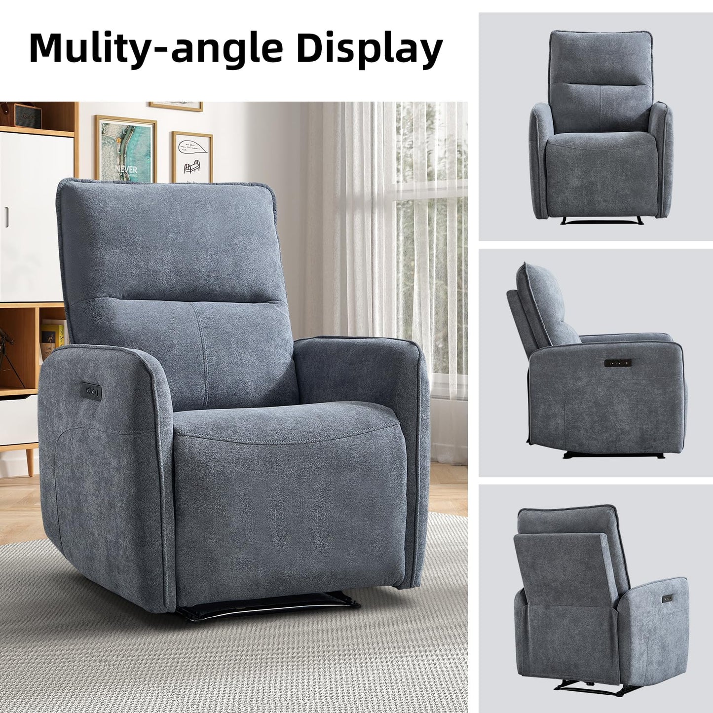 IOMOR Power Recliner Chair for Adults, Electric Recliner with USB Tape-C Ports, Zero Wall Single Reclining for Small Space, Living Room (1, Grey)