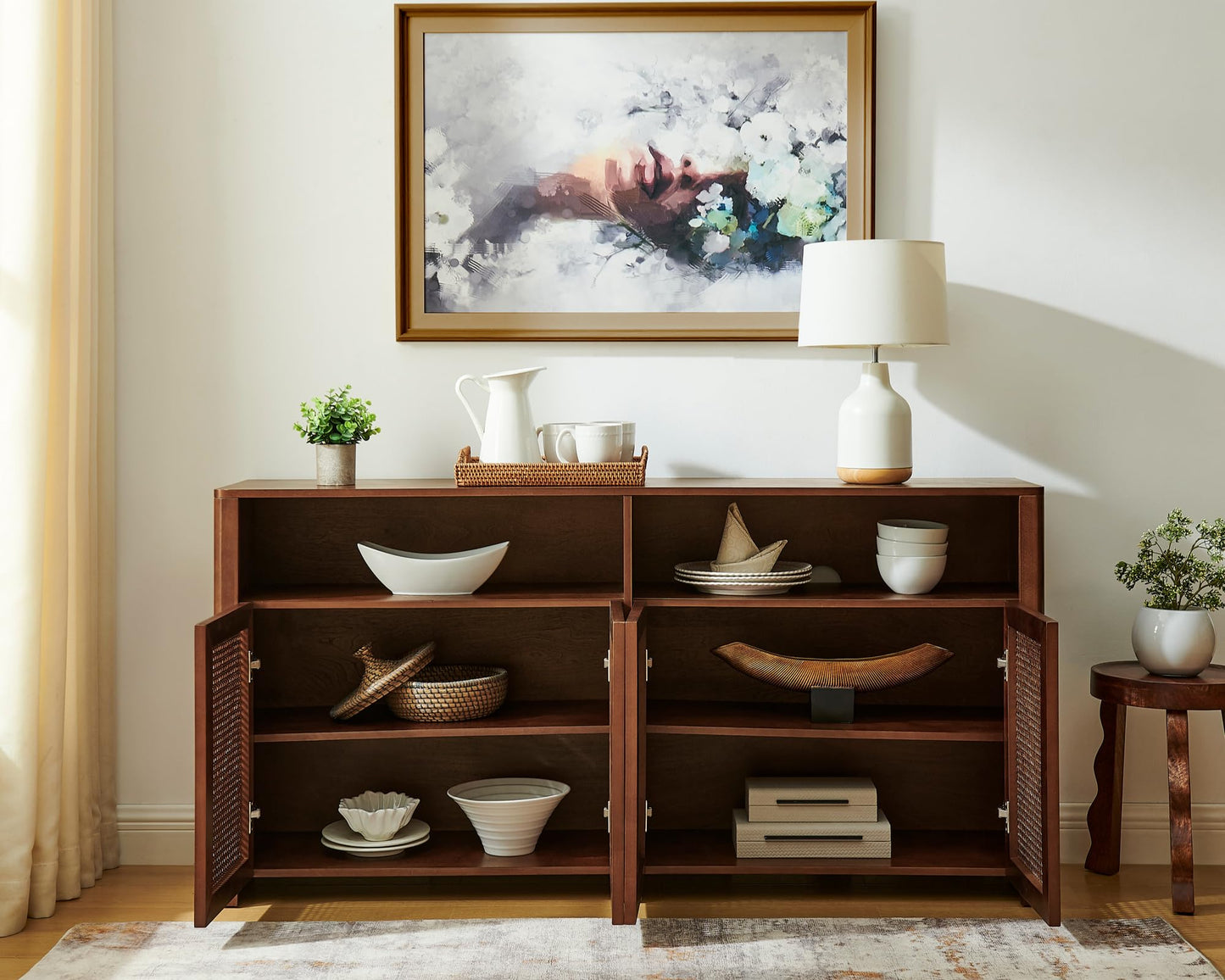 LKTART 63" Rattan Sideboard Buffet Cabinet,Kitchen Storage Cabinet,Wood Coffee Bars with 4 Doors & Open Storage Shelves,Mid Century Modern Credenza Console Table for Living Room,Walnut