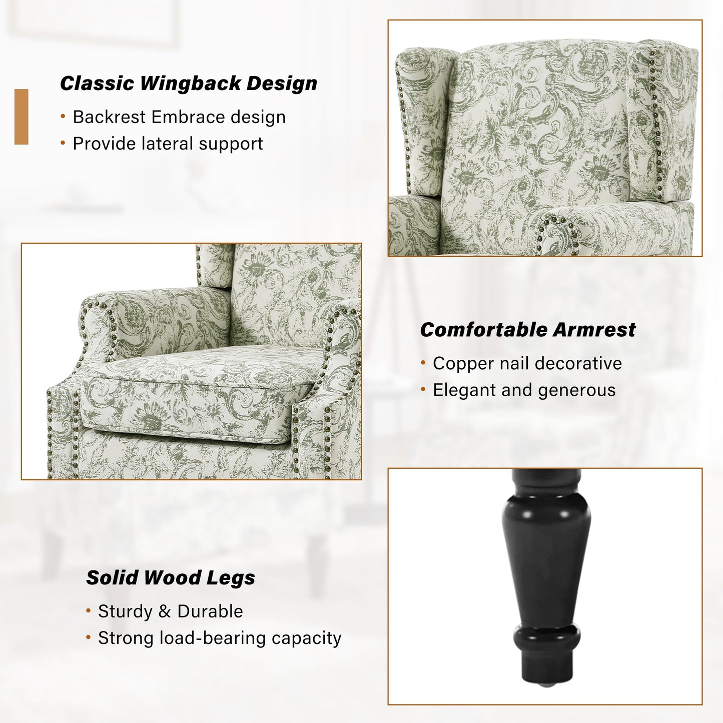 Floral Wingback Accent Chair, High Back Upholstered Armchair, Comfy Fabric Wingback Arms Chairs with Solid Wood Legs, Single Sofa Reading Chair for Bedroom Living Room, Beige