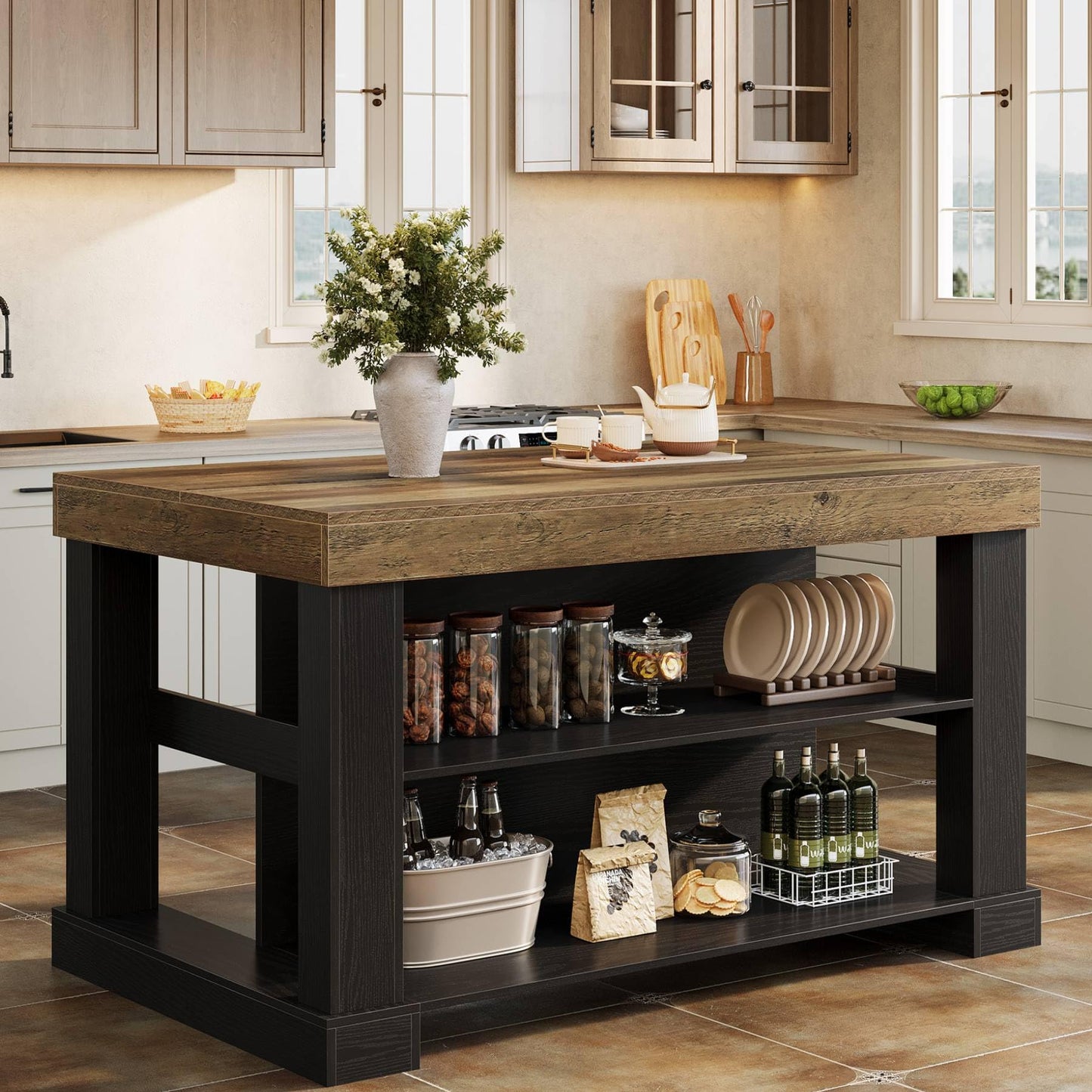 Tribesigns 55" Kitchen Island with Seating and Storage, 3-Tier Farmhouse Wood Stationary Island Table with Large Worktop & Leg Room, Coffee Bar Table with Storage Shelves for Kitchen, White and Brown