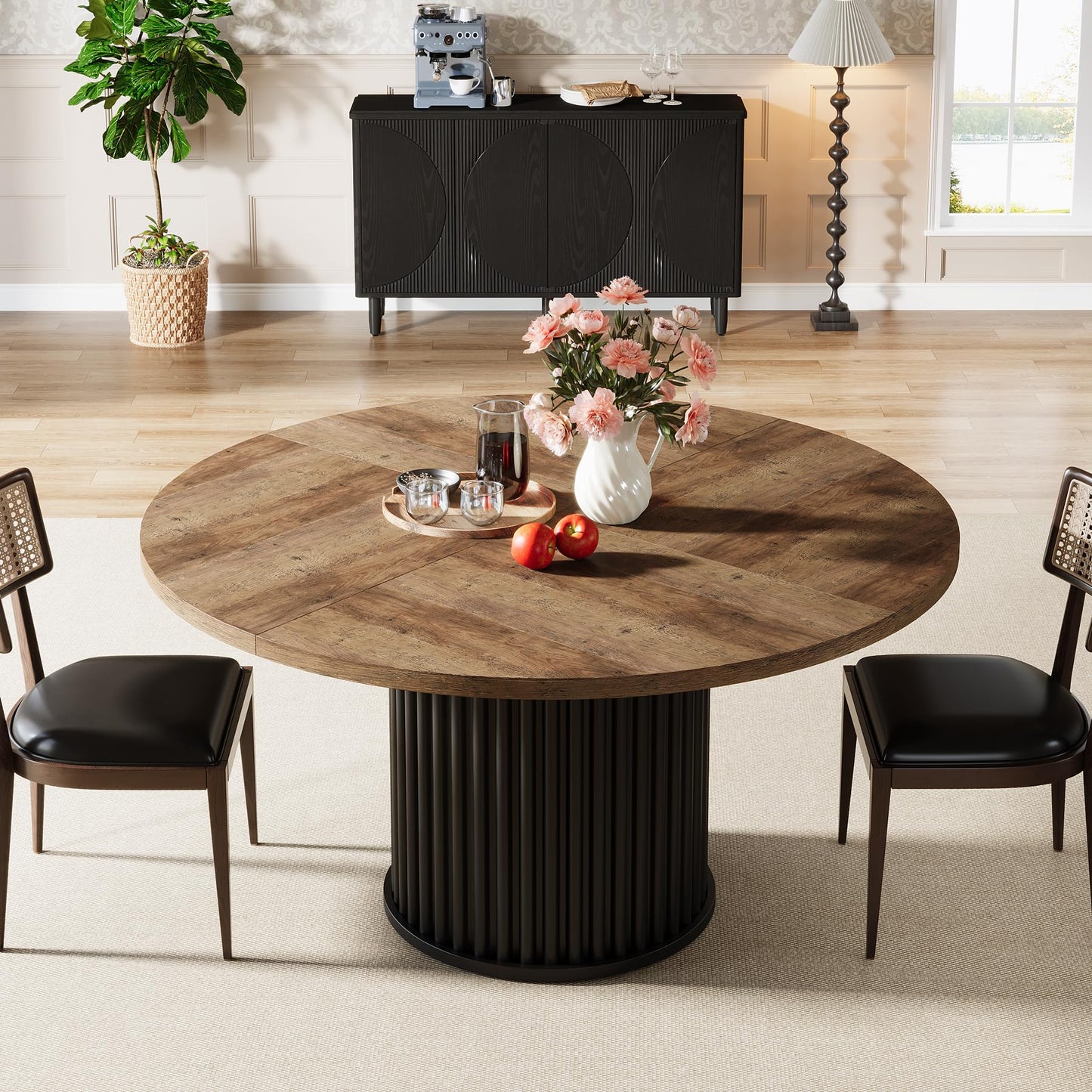 Tribesigns 47.24-Inch Black Round Dining Table for 4-6 People, Modern Fluted MDF + Metal Base Kitchen Table, Sturdy Circle Dining Room Furniture, Black