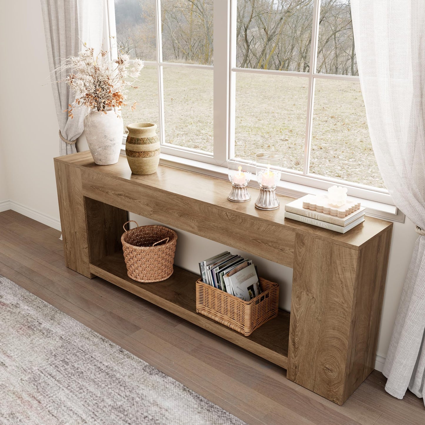 Epecoya 86-Inch Extra Long Console Table for Entryway, Farmhouse Sofa Table Behind Couch Wooden, 2-Tier Entry Console Tables with Storage for Entrance, Living Room, Natural Oak Brown