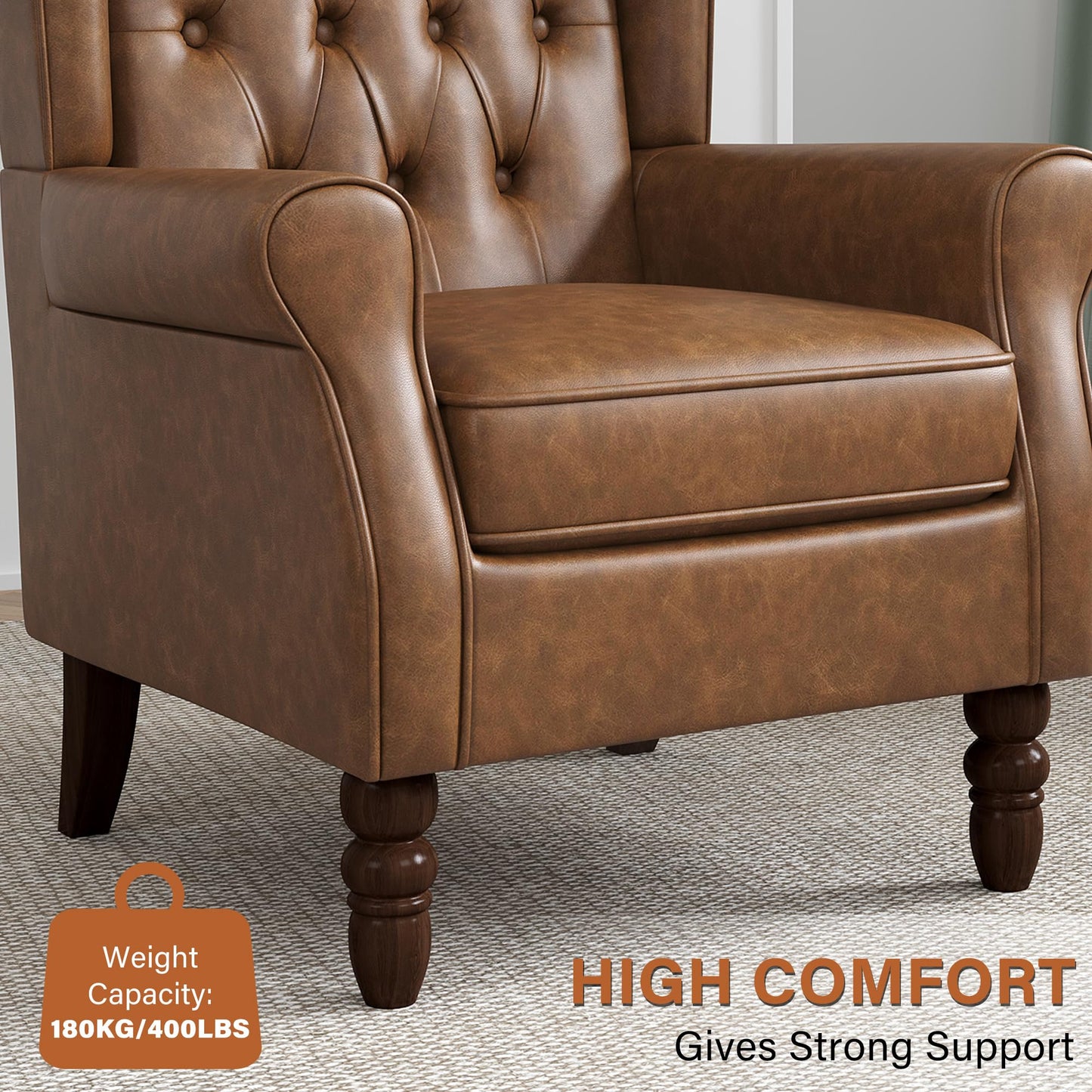 Faux Leather Wingback Chairs Set of 2, High Back Accent Chair for Living Room, Button-Tufted Upholstered Armchair with Solid Wood Legs, Comfy Reading Chair for Bedroom, Brown