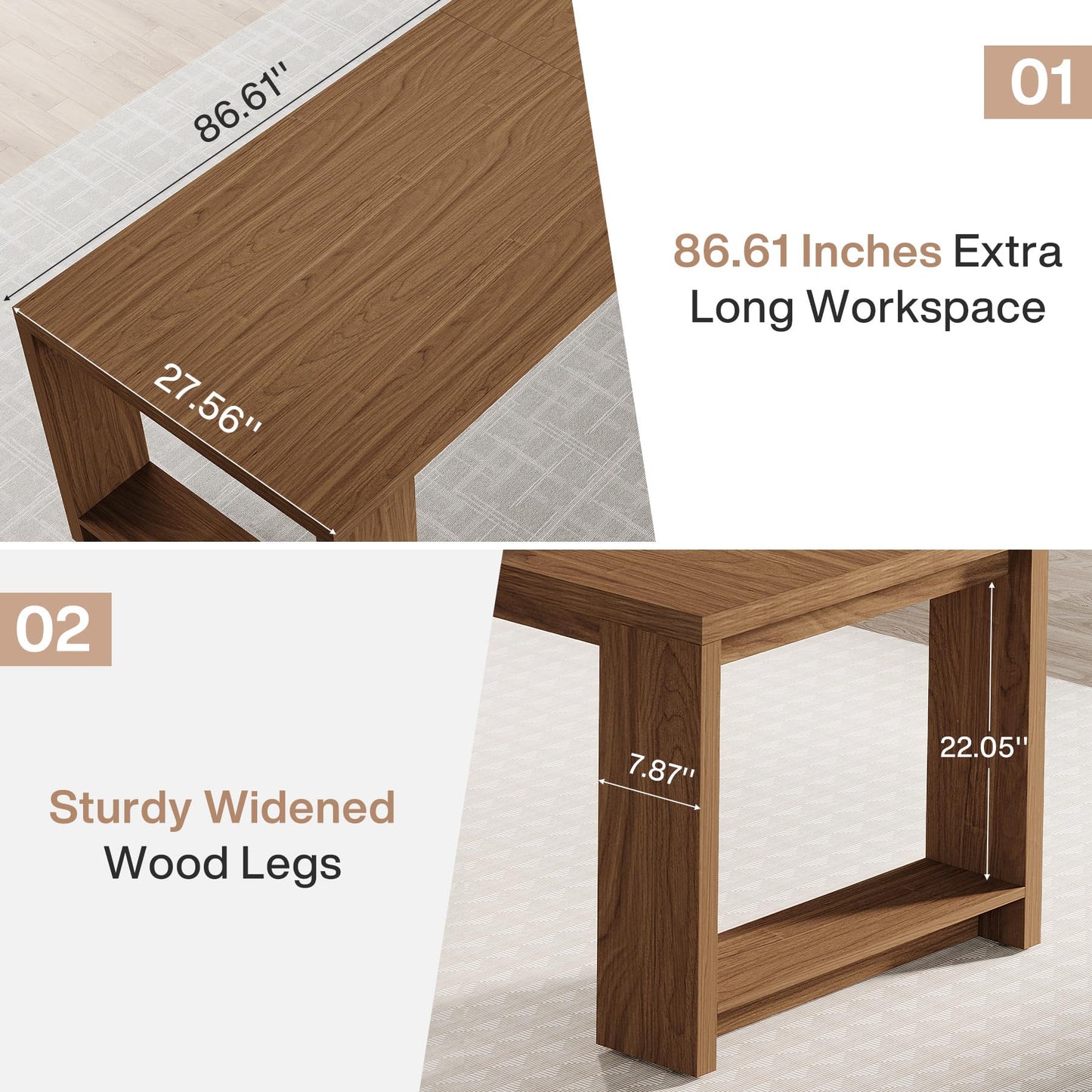 Tribesigns Two Person Desk, 86.6 Inches Extra Long Desk, Double Computer Writing Table, Wood Large Desks Workstation for Home Office, Natural Wood