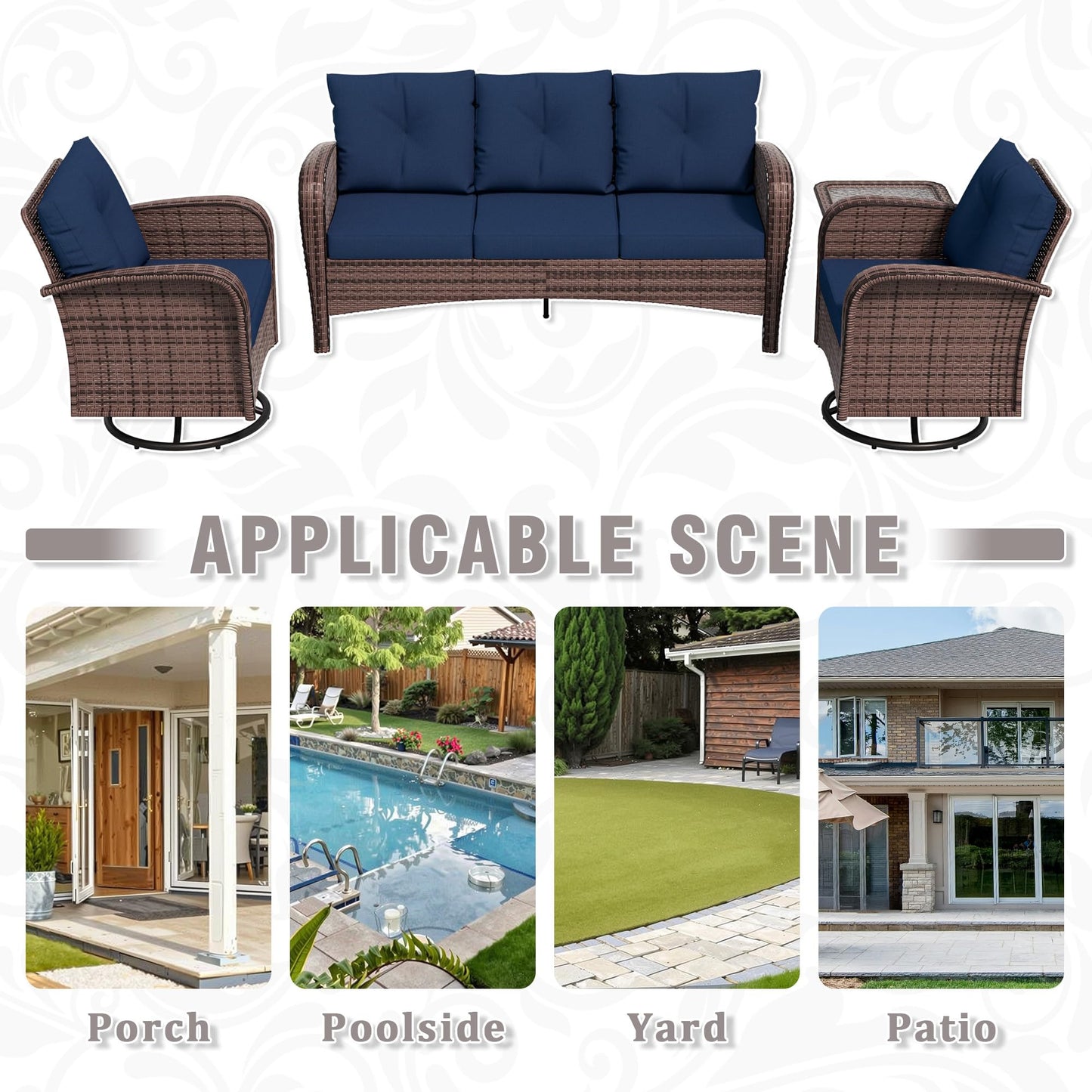 4 Piece Patio Conversation Set - 2 Swivel Chairs 1 Coffee Table 3-Seater Sofa, PE Wicker & Steel Patio Furniture with Heavy-Duty Steel Frame,Weatherproof Cushions, Red