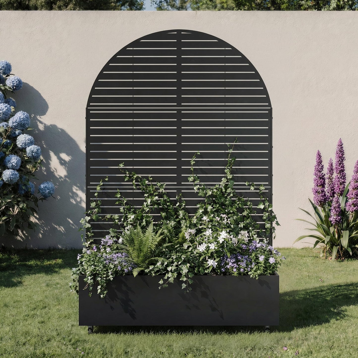 Metal Raised Garden Bed with Trellis and Wheels, 71"x47"x16" Planter Box with Privacy Screen & Drainage Holes, Arched Outdoor Garden Bed for Climbing Plants, Vegetables, Flowers (Black-Square)
