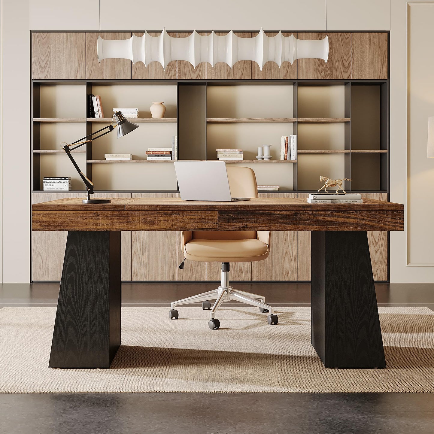 Tribesigns 55 Inches Executive Desk, Mid-Century Modern Home Office Desk, Wood MDF Computer Table Business Workstation Small Conference Table, Light Brown