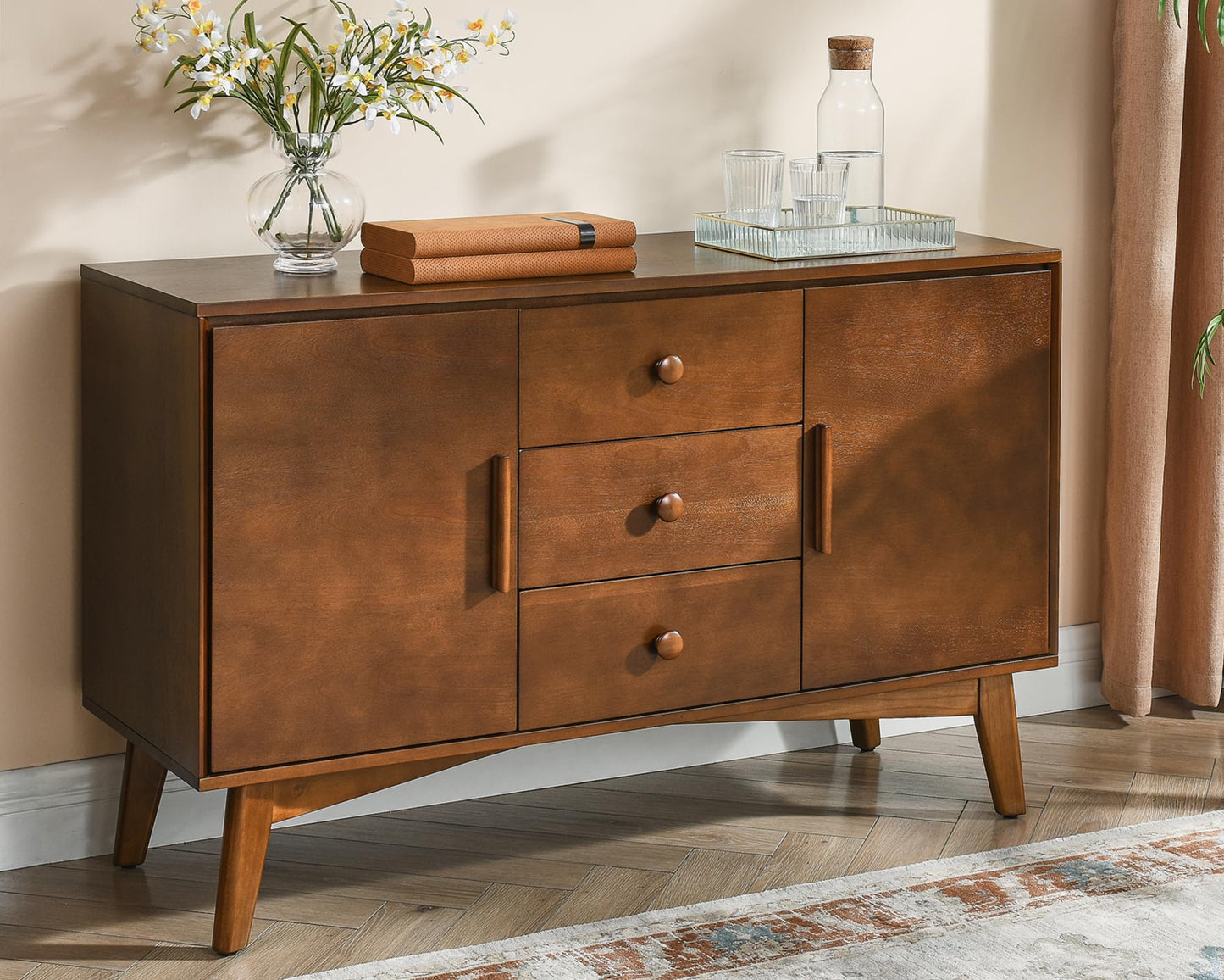LKTART 60" Mid Century Modern Sideboard Buffet with Hollow Carved Doors and Outlet Holes,Vintage Accent Cabinet Credenzas Storage Cabinet Walnut