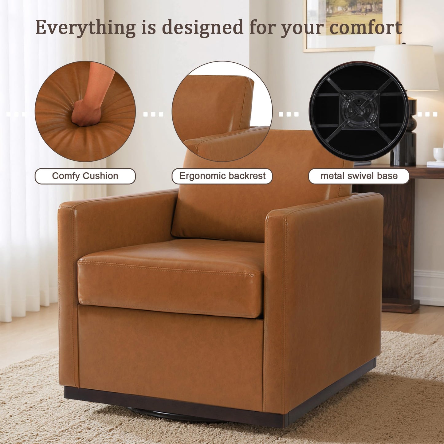 Faux Leather Swivel Accent Chairs Set of 2, 360° Swivel Upholstered Club Armchairs for Living Room, 31" Wide Square Single Sofa Reading Chair with Deep Seat, Metal Swivel Base, Navy