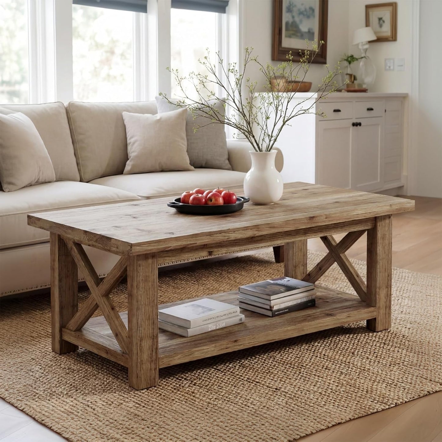 Solid Wood Coffee Table with X-Frame Side, 2-Tier Farmhouse Rectangular Center Table for Living Room, Accent Cocktail Tea Table with Storage, Brown