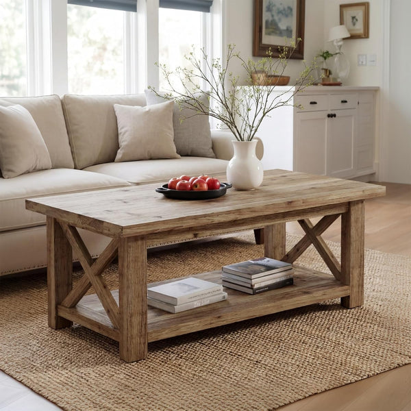 Solid Wood Coffee Table with X-Frame Side, 2-Tier Farmhouse Rectangular Center Table for Living Room, Accent Cocktail Tea Table with Storage, Brown