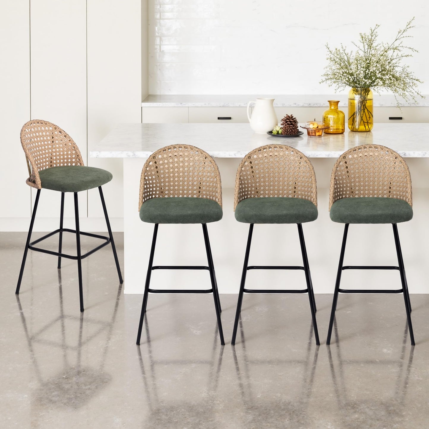 28.7" Swivel Bar Stools Set of 2, Mid Century Modern Counter Height Barstools with Rattan Backrest, Upholstered Chenille Armless Bar Chair Island Stools for Kitchen Island, Bar, Beige
