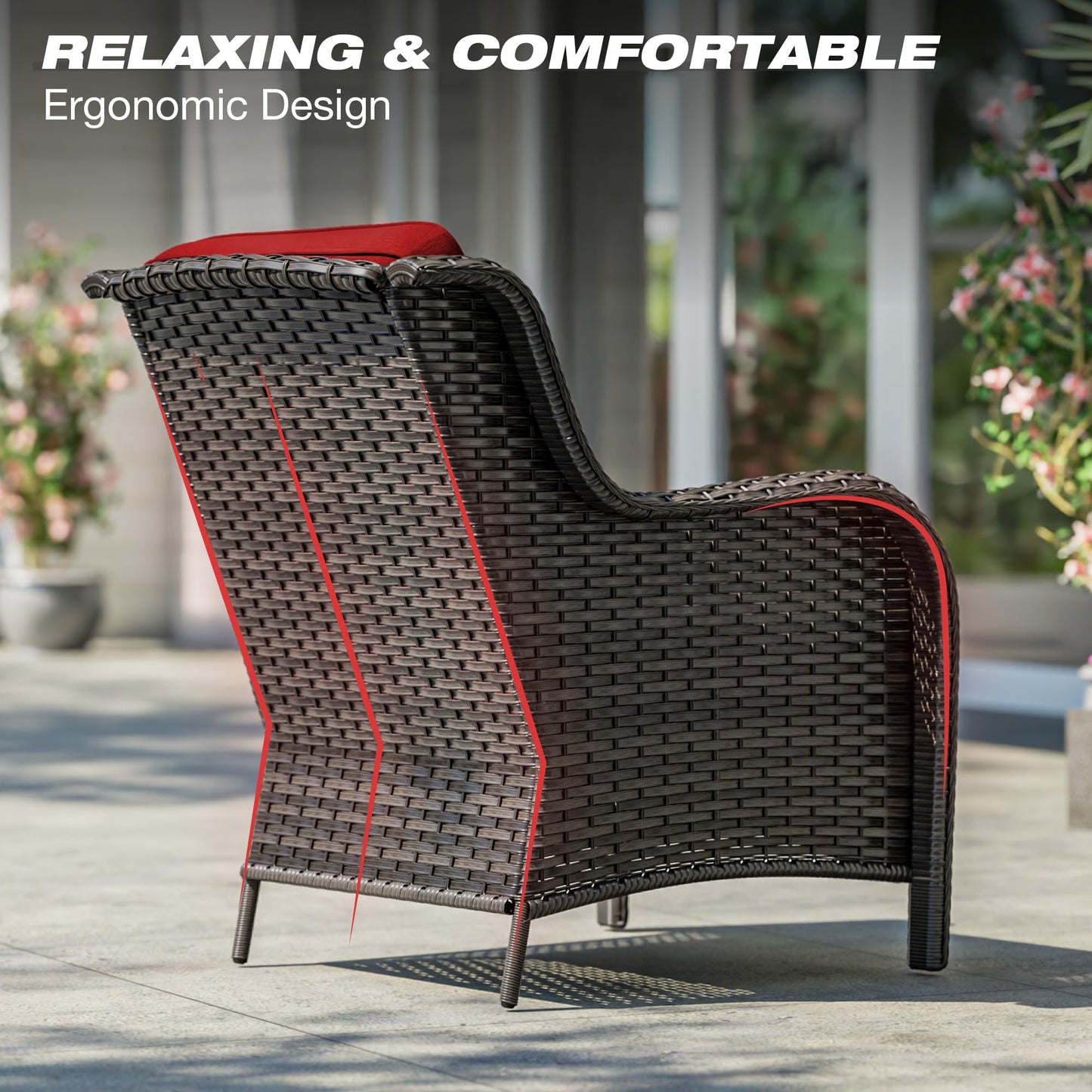 Joyside Patio Furniture Set with Fire Pit Table, 3 Piece Outdoor Wicker Conversation Sets with High Back, Thickened Cushions, Rattan Sectional for Porch, Lawn Use (Red)