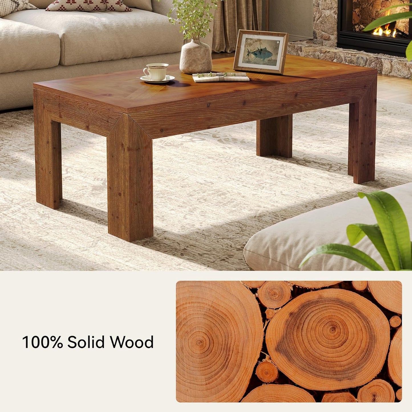 Rectangular Coffee Table, 47-Inch Solid Wood Living Room Coffee Table, Mid Century Modern Center Cocktail Table for Living Room, Apartment, Office, Antique Brown