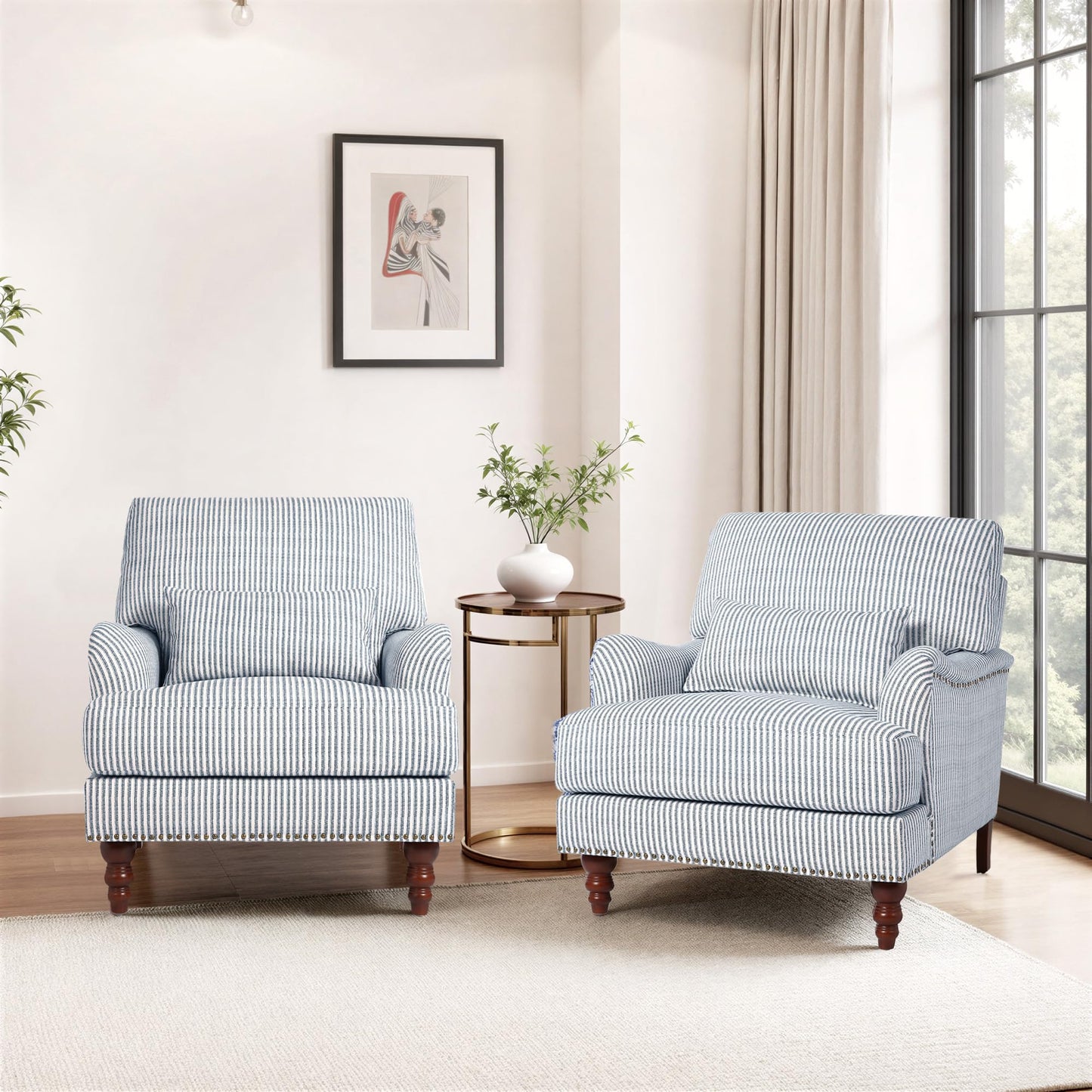 Accent Chair for Living Room, Upholstered Armchair with Nailhead Trim & Solid Wood Legs, Mid Century Modern Club Chair for Bedroom/Reading Room, Rococo Green