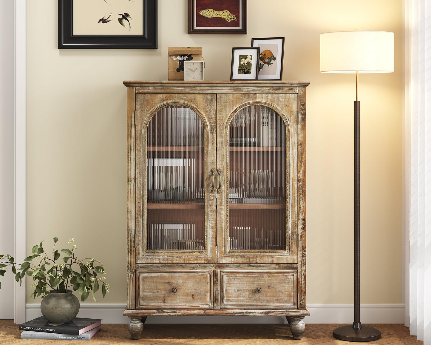 LKTART 60" Farmhouse Sideboard Buffet,Solid Fir Wood Frame with Hollowed-Out Carved Doors,Hand-Distressed Design,Versatile Storage Cabinet for Kitchen, Living Room,Natural Wood