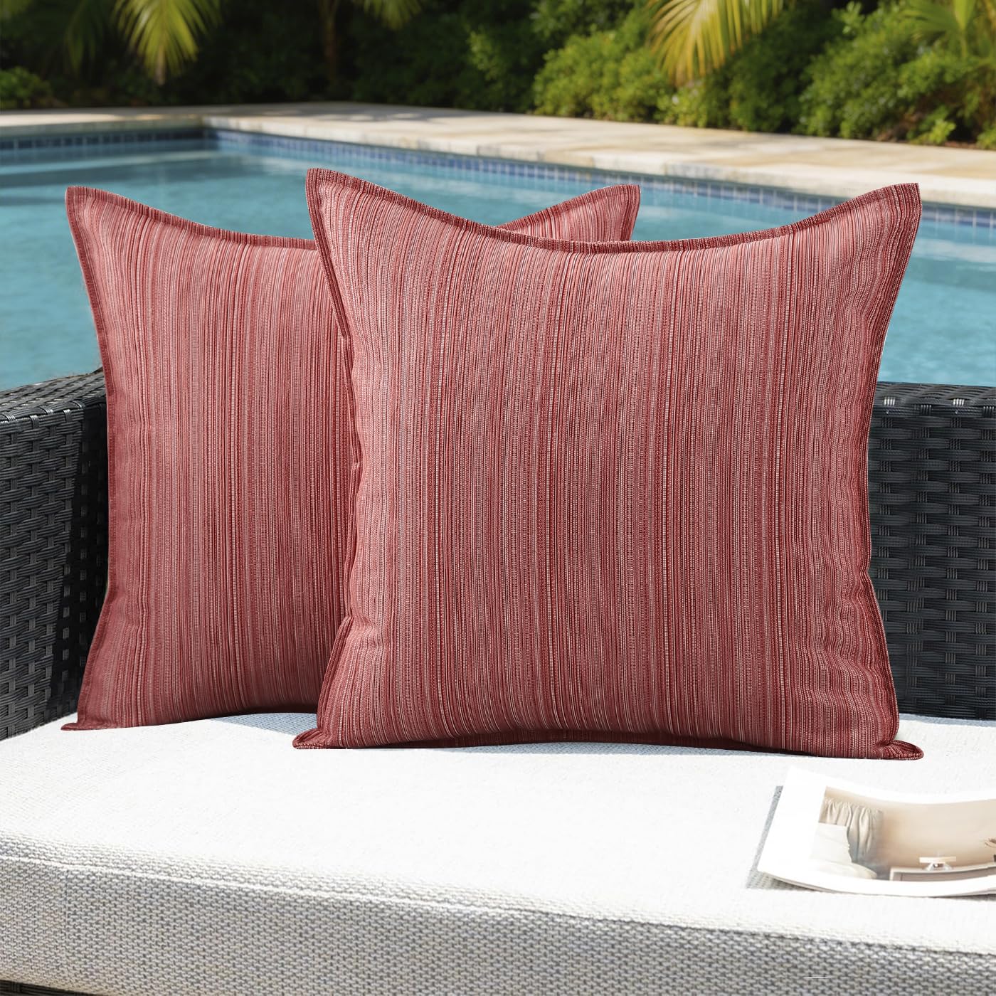 VAKADO Outdoor Waterproof Throw Pillow Covers 18x18 Set of 2,Chenille UV Decorative with Hem Patio Furniture Cushion Cases Decor for Bench Garden Tent Chair Seat Porch Couch,Stripe Beige