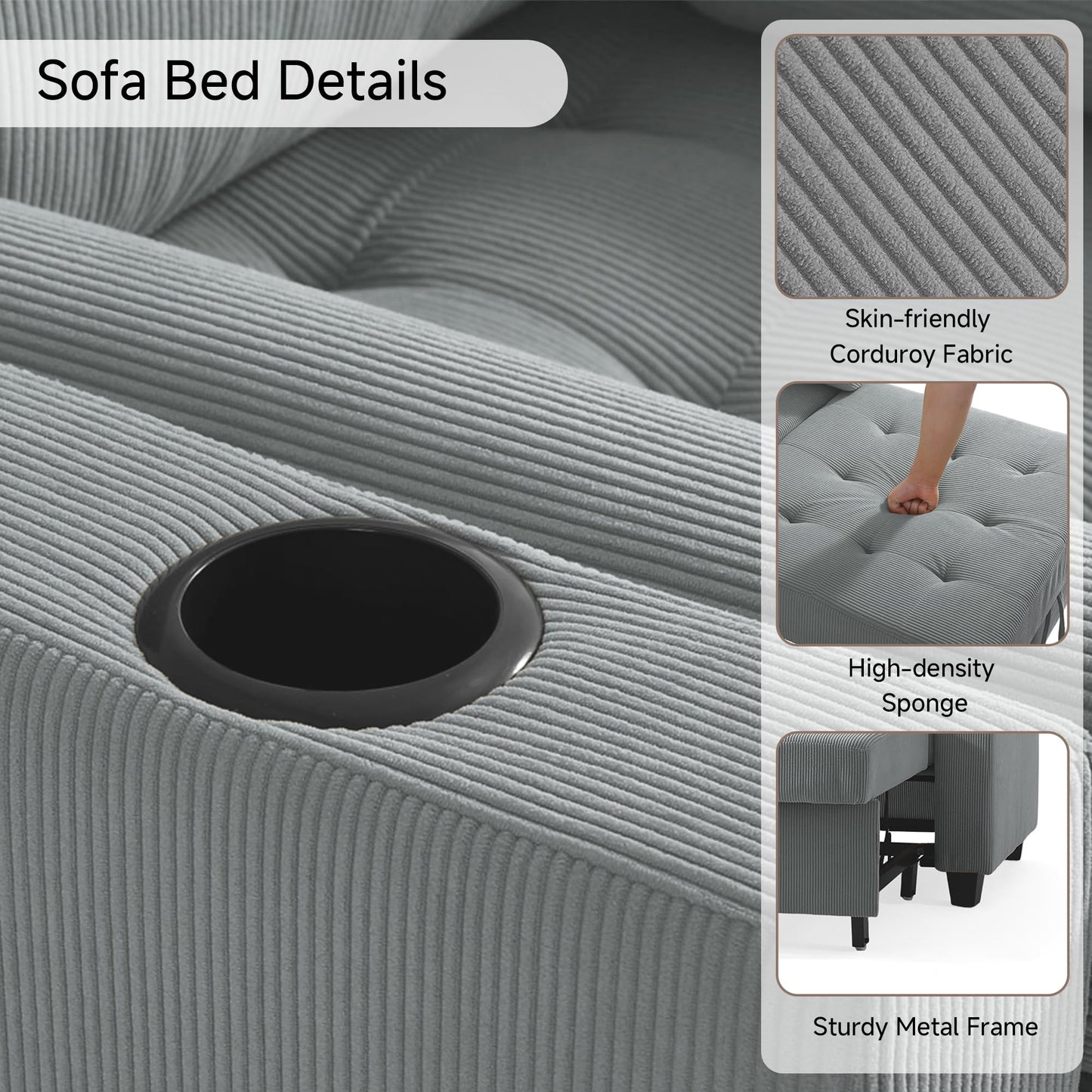Sleeper Sofa Chair Bed, 3-in-1 Convertible Sleeper Chair with Pull Out Bed, Comfy Corduroy Sofa Bed Couch with Reclining Adjustable Backrest, USB Ports, Cup Holder, Side Pocket (Gray, 38.8")