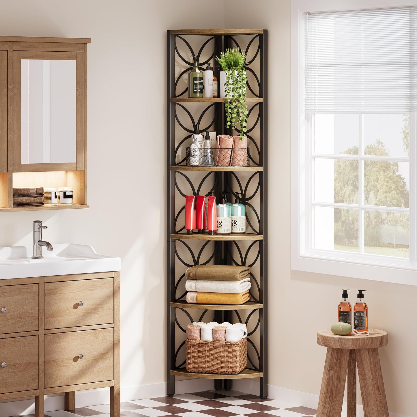 Tribesigns 6-Tier Corner Shelf, Industrial 70.9" Rustic Corner Bookshelf Display Shelf for Living Room, Wooden Shelving Unit Plant Stand Storage Rack for Bedroom, Bathroom, Kitchen,Natural