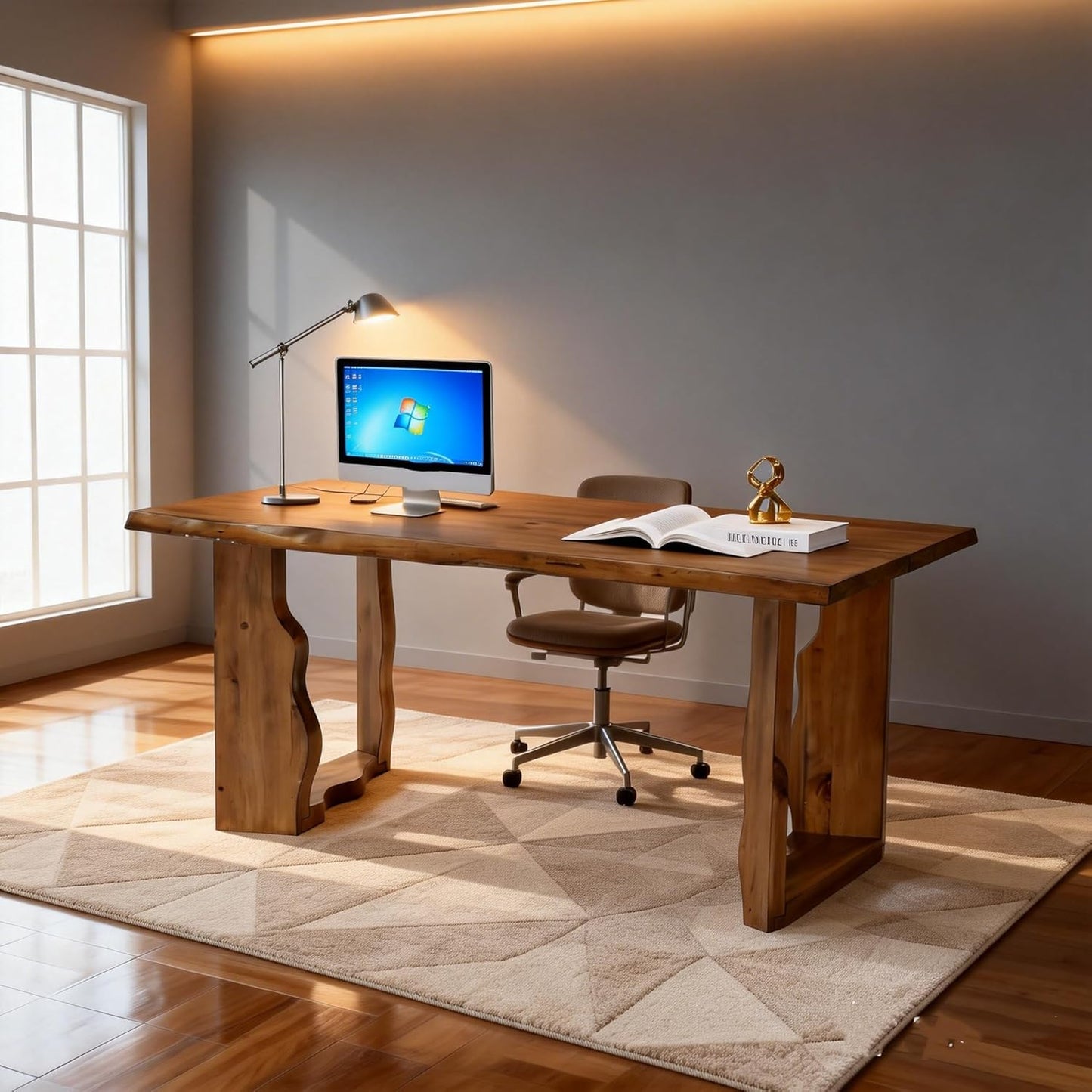 63" Live Edge Rustic Solid Wood Executive Desk, Farmhouse Large Computer Office Desk Workstation for Modern Home Office & Business Furniture