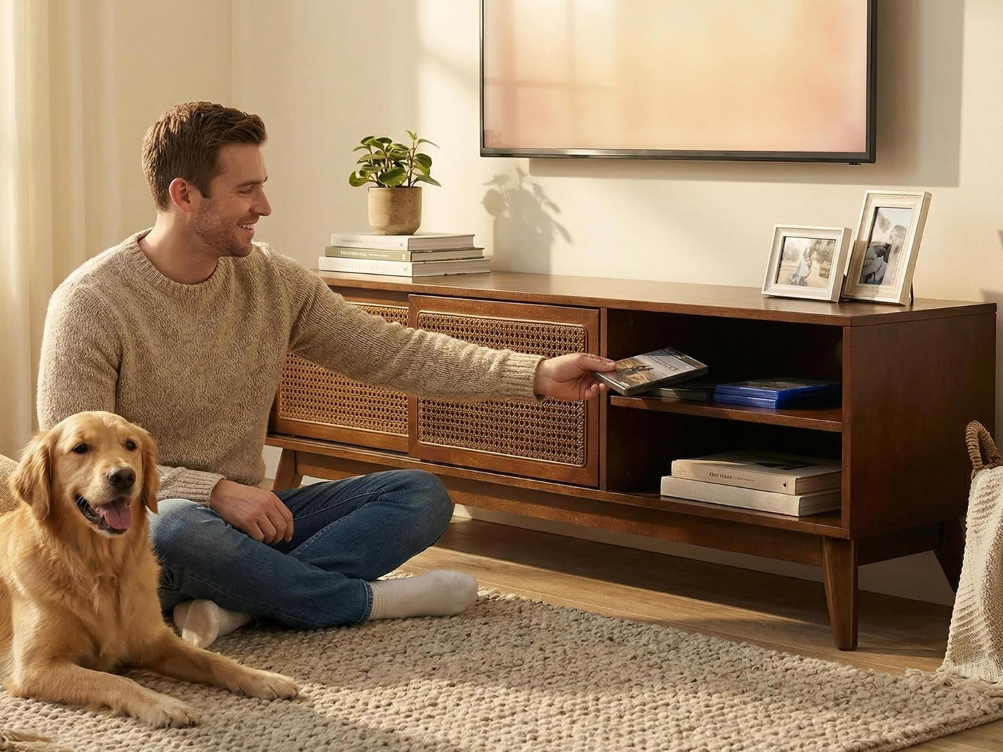 LKTART Mid Century Modern Rattan TV Stand for 65 Inch TV,59" Boho Media Console with Sliding Doors & Open Shelves,Solid Wood Legs for Living Room,Light Walnut