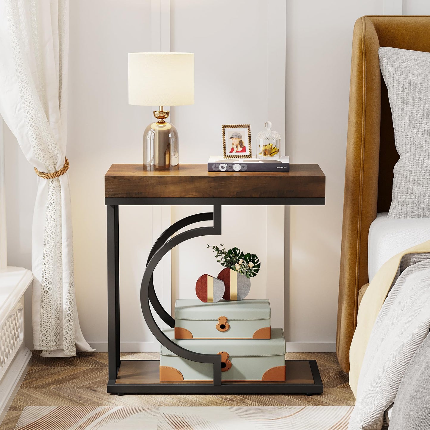 Tribesigns Narrow Side Table for Couch, C Shaped End Table with Metal Frame, Modern Bedside Tables, Small Sofa Tables for Small Spaces, Living Room (1, Brown+Black)