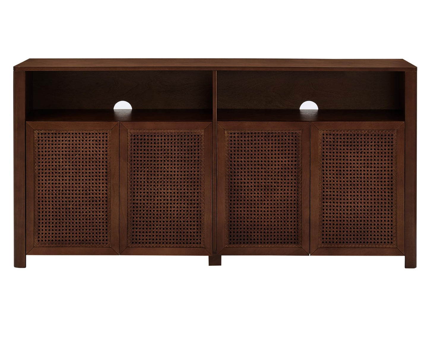 LKTART 63" Rattan Sideboard Buffet Cabinet,Kitchen Storage Cabinet,Wood Coffee Bars with 4 Doors & Open Storage Shelves,Mid Century Modern Credenza Console Table for Living Room,Walnut