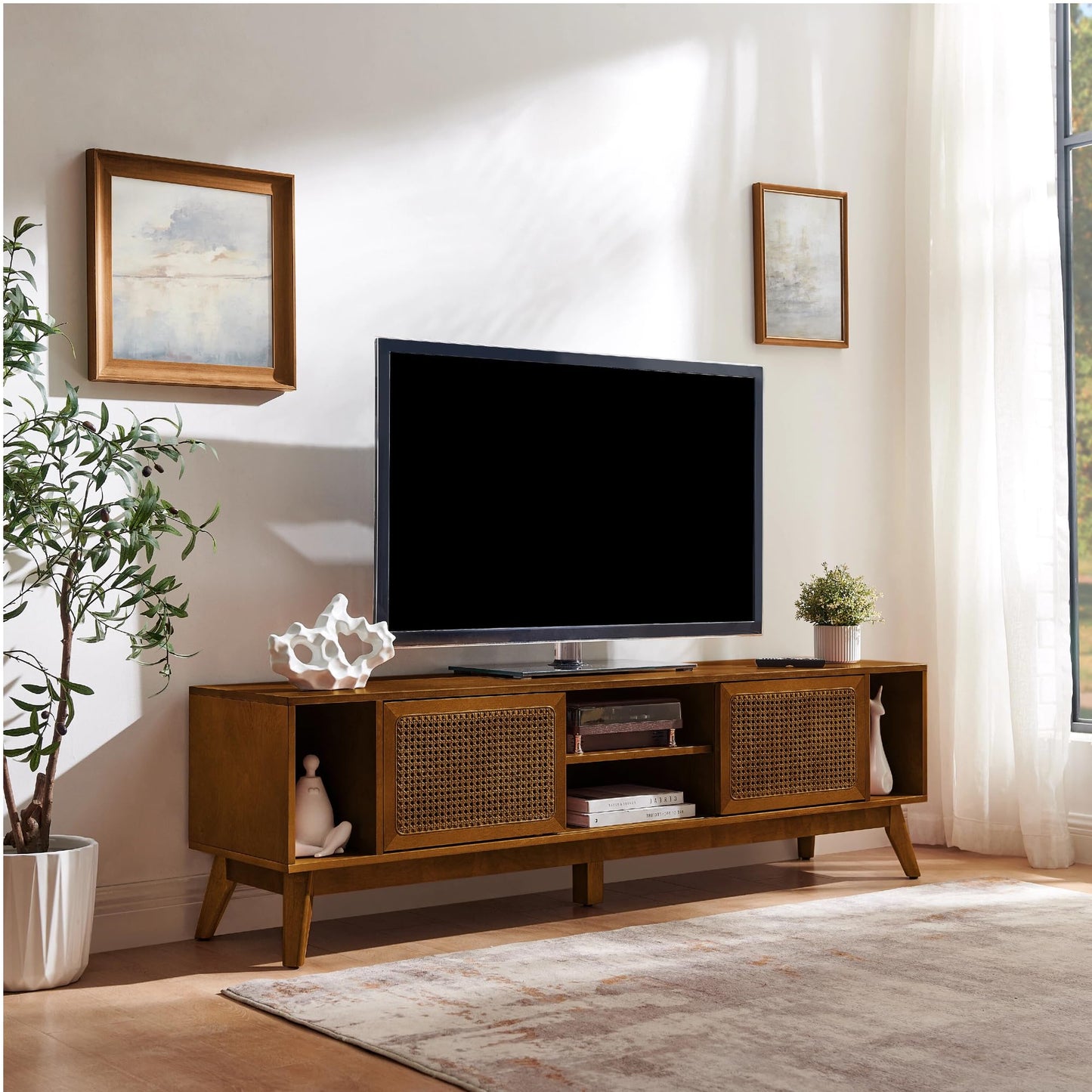 LKTART Mid Century Modern Rattan TV Stand for 65 Inch TV,59" Boho Media Console with Sliding Doors & Open Shelves,Solid Wood Legs for Living Room,Light Walnut