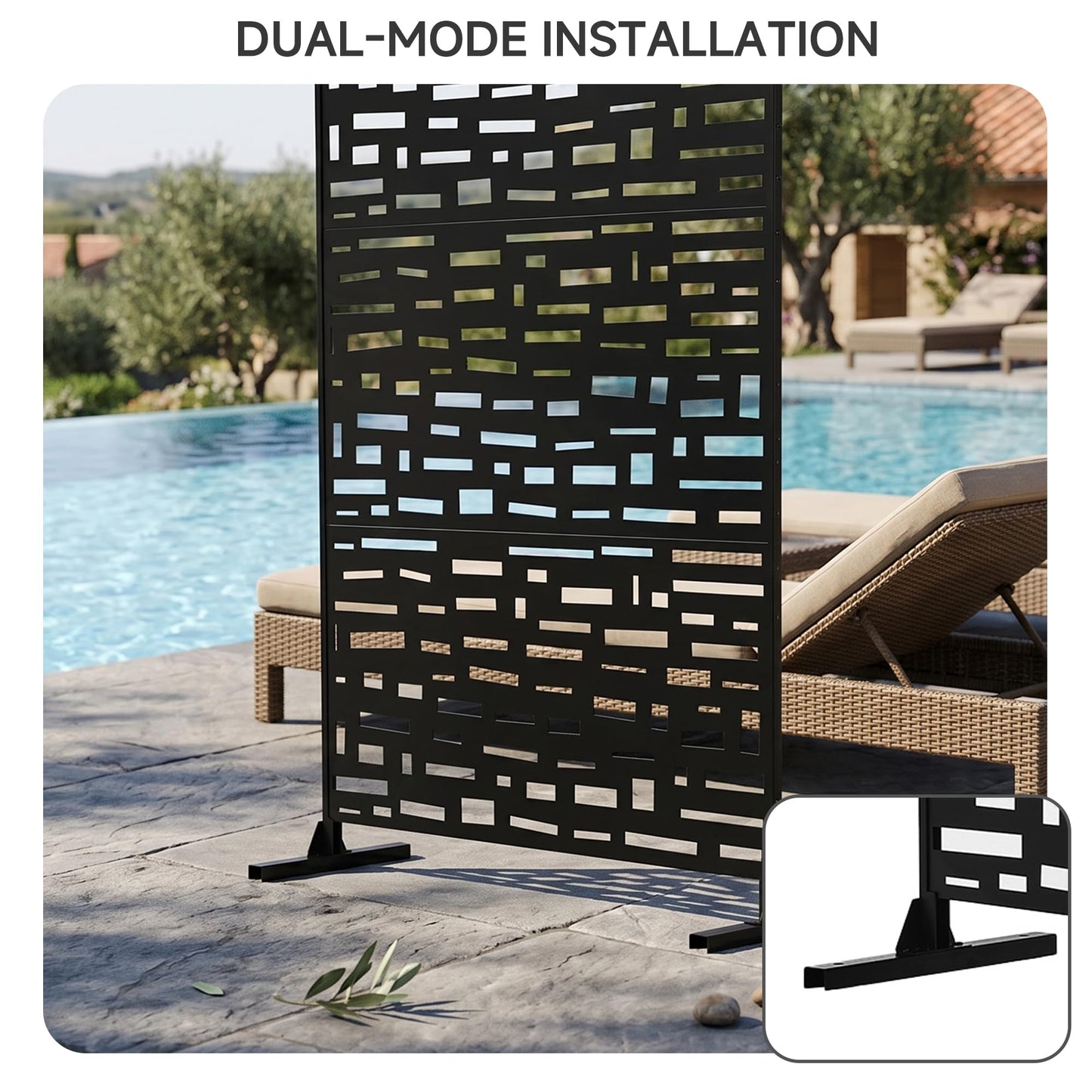 Outdoor Metal Privacy Screen with Stand, 72" H x 47" W Freestanding Outdoor Patio Divider, Decorative Patio Privacy Fence Panel for Garden Backyard Balcony Porch (Brown-Crossbanding)
