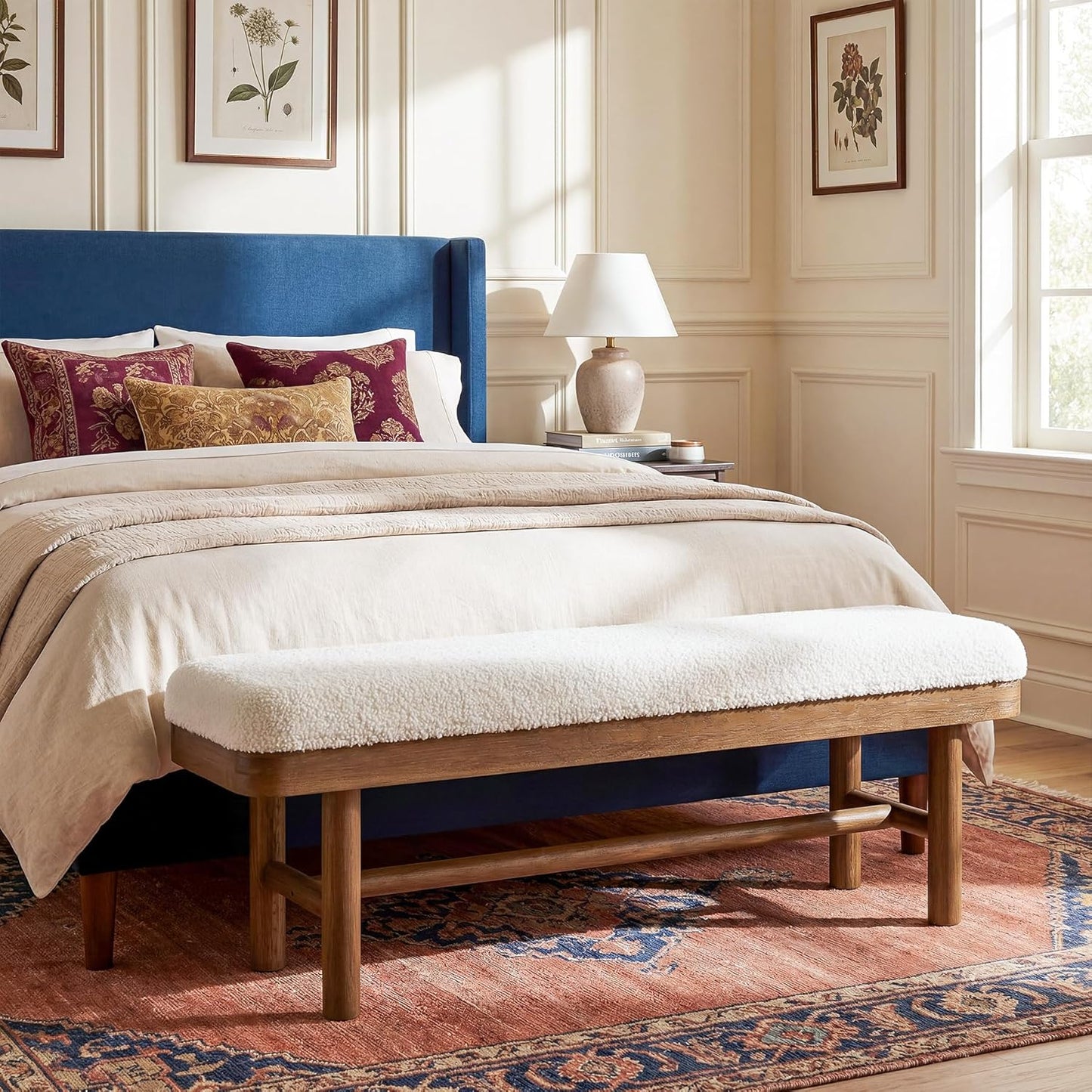 55" Upholstered Bedroom Bench, Solid Wood End of Bed Bench, Modern Indoor Bench with Cushion for Bedroom, Living Room, White & Brown