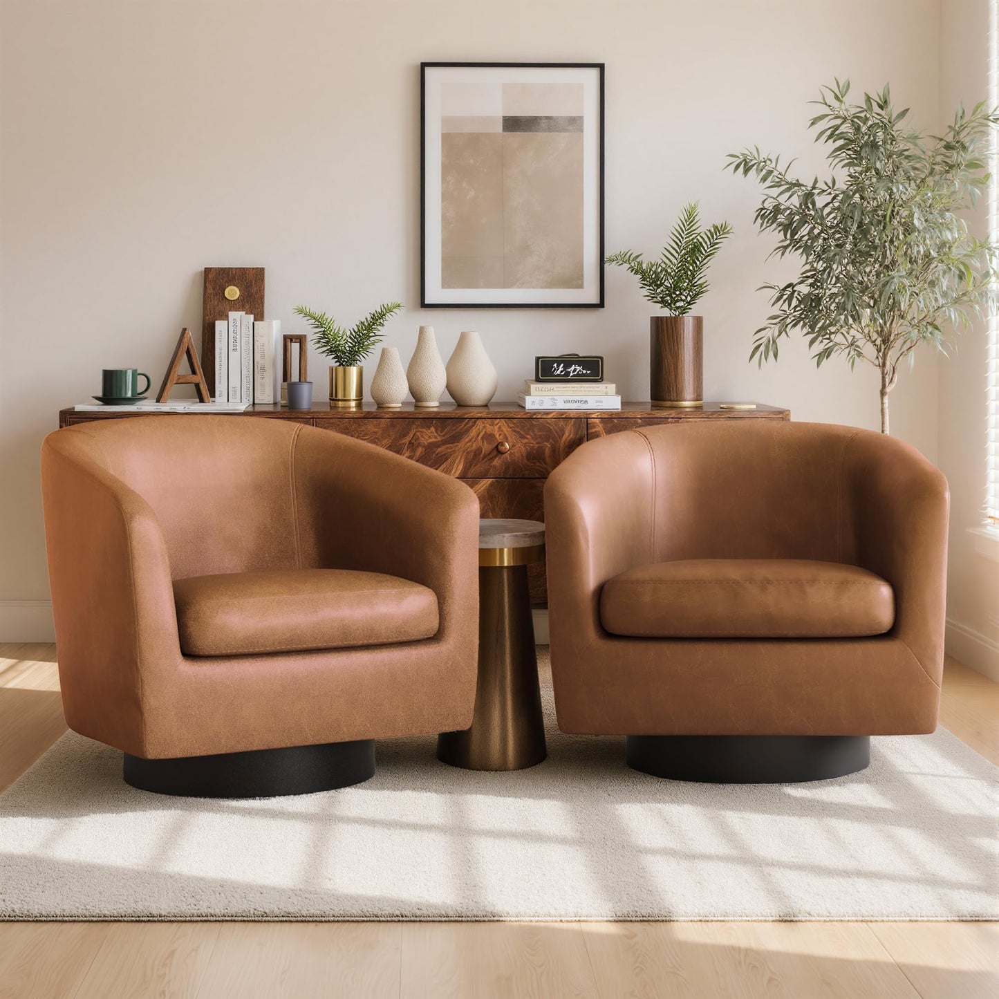 Swivel Barrel Chairs Set of 2, 31" W Modern Faux Leather Round Swivel Accent Chair for Living Room, 360° Rotation Upholstered Armchair Club Chair for Bedroom, Reading Room, Office (Brown)