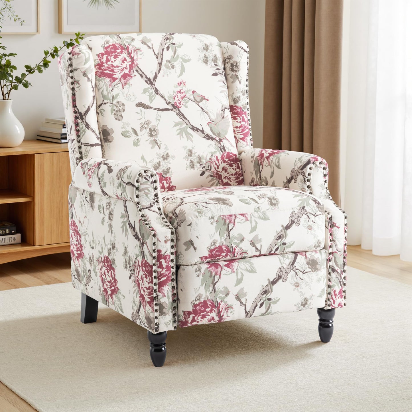 Pushback Recliner Chair, Printed Fabric Wingback Recliner Chair for Living Room, Upholstered Armchair Push Back Recliner with Wood Legs, Rivet Trim Wingback Accent Chair for Bedroom, Navy