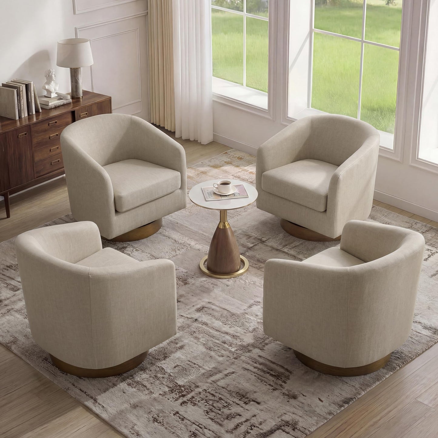 Swivel Barrel Chairs Set of 2, 31" W Modern Faux Leather Round Swivel Accent Chair for Living Room, 360° Rotation Upholstered Armchair Club Chair for Bedroom, Reading Room, Office (Brown)