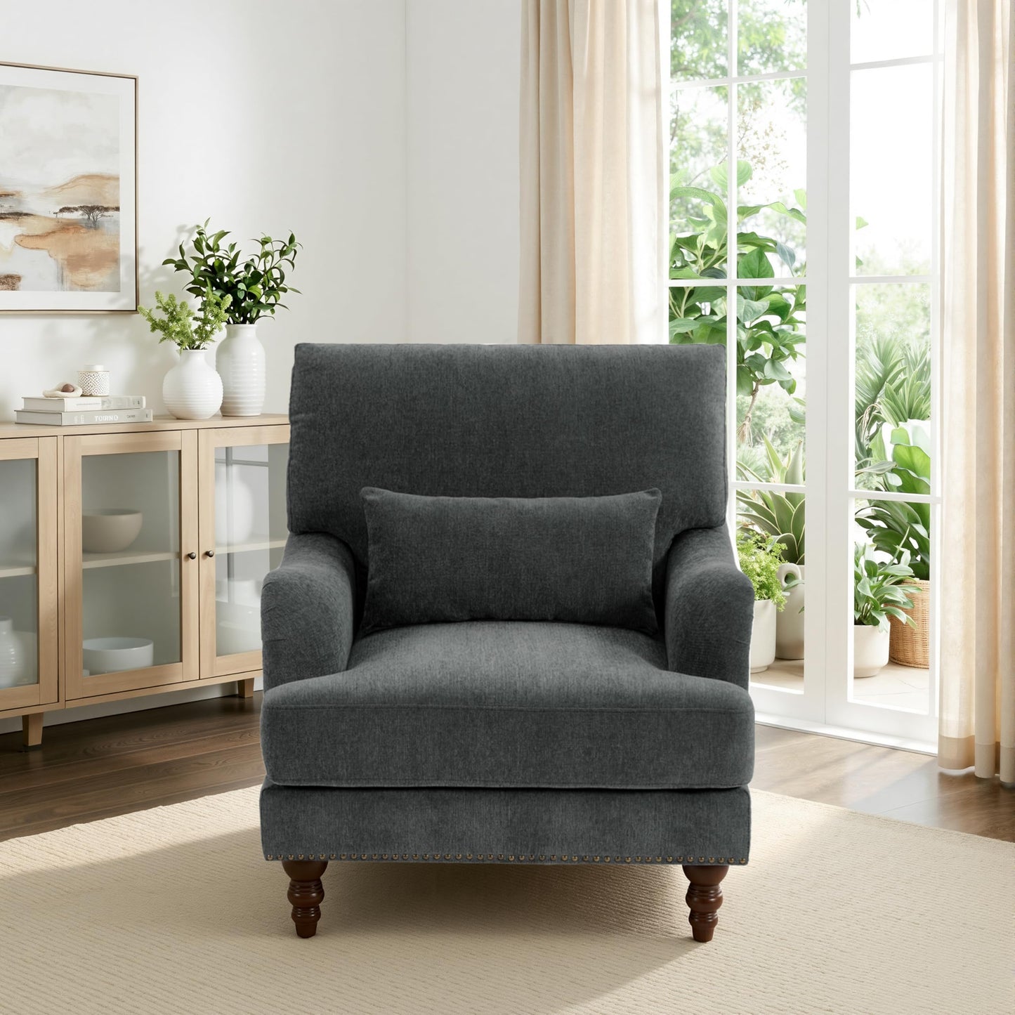Accent Chair for Living Room, Upholstered Armchair with Nailhead Trim & Solid Wood Legs, Mid Century Modern Club Chair for Bedroom/Reading Room, Rococo Green