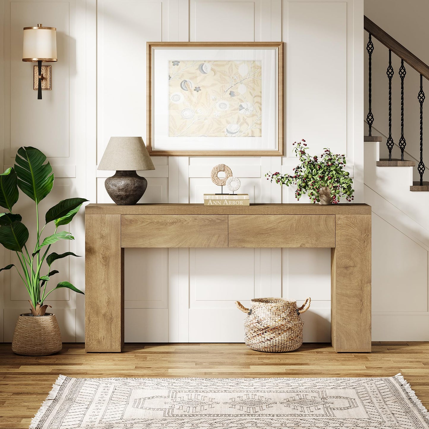 Tribesigns 63-Inch Wooden Console Table with 2 Hidden Drawers, Farmhouse Rustic Brown Sofa Table for Living Room, Hallway, Entrance, Foyer, Easy Assembly (Brown)