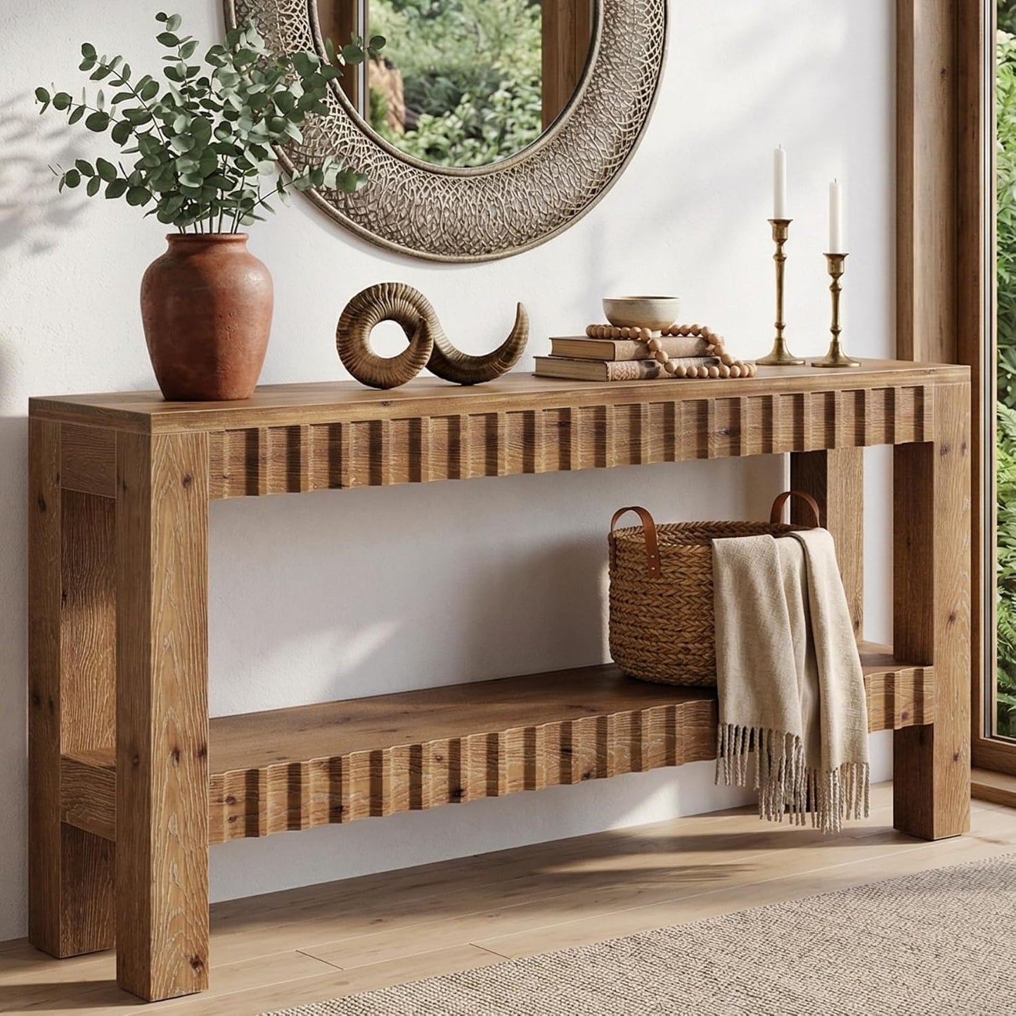 Solid Wood Console Table, 63" Farmhouse Wooden Entryway Table with Fluted Deign, 2-Tier Rectangular Narrow Sofa Table Behind Couch for Entryway, Hallway, Living Room, Rustic Brown