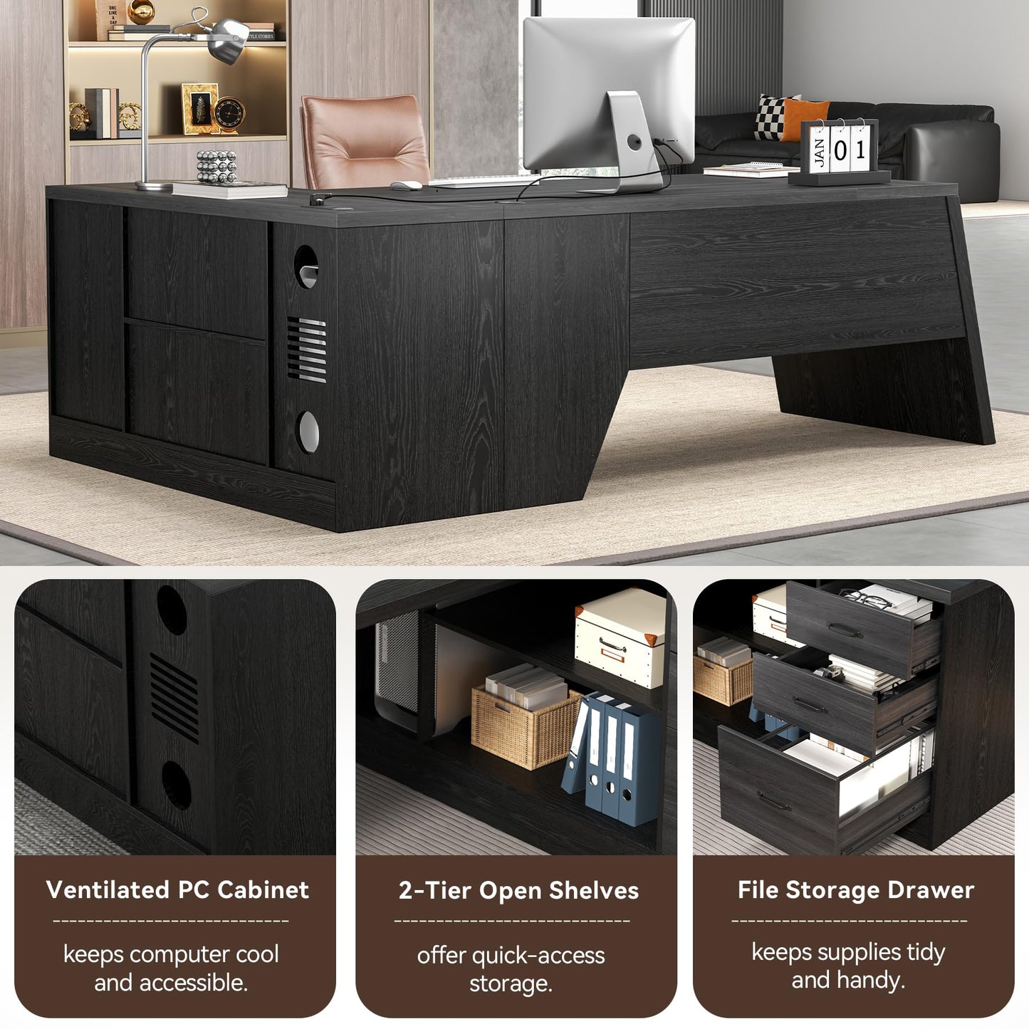 Epecoya L-Shaped Executive Desk with Drawer, 78-Inch Large Home Office Desk with Cord Hold and Power Outlet, Modern Computer Table with Lateral File Cabinet,Open Shelf and PC Stand, Walnut Brown Black