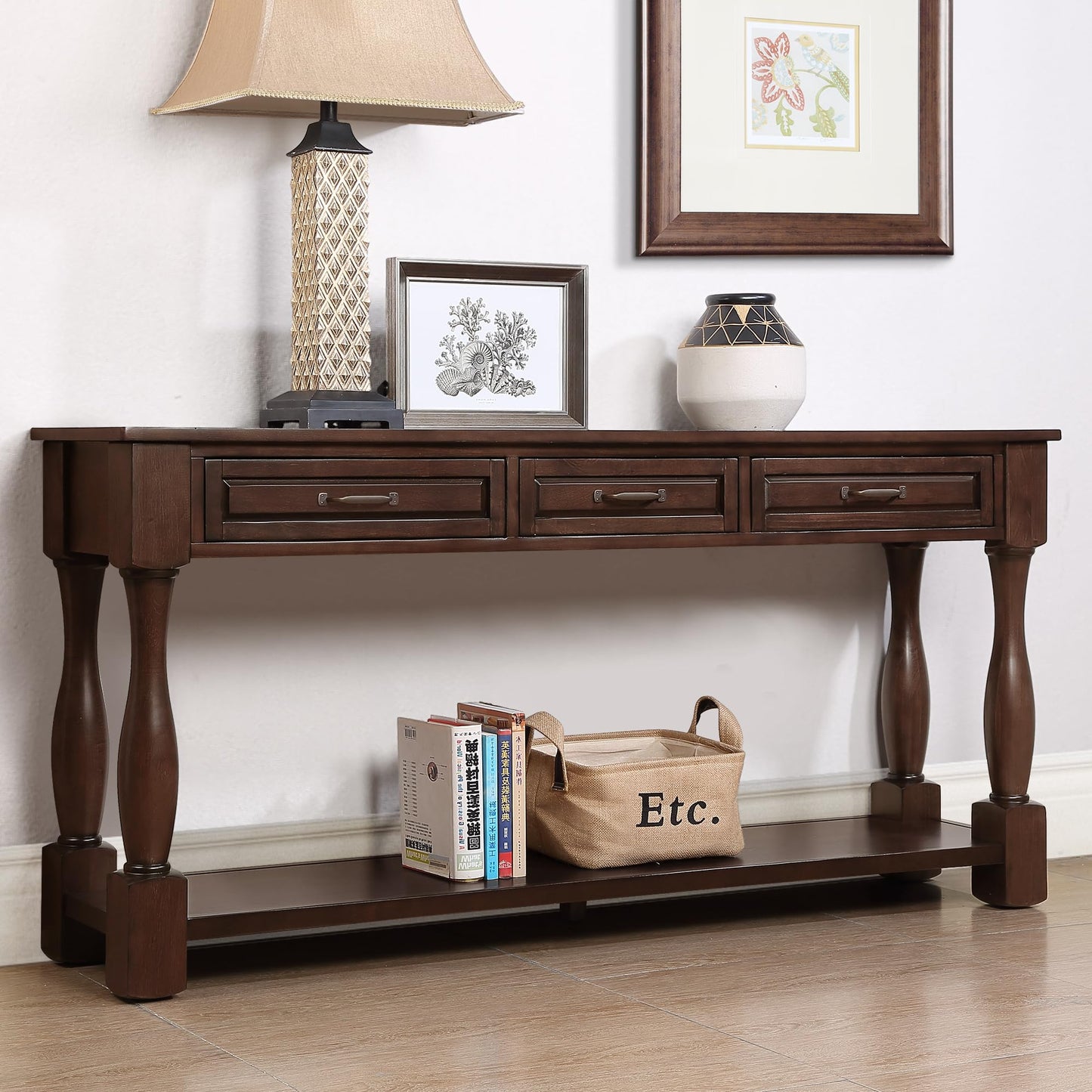 LKTART Solid Wood Console Table for Entryway,Long Sofa Table with 3 Drawers and Bottom Shelf for Hallway,Foyer,Entry,Easy Assembled (63" Light Espresso)